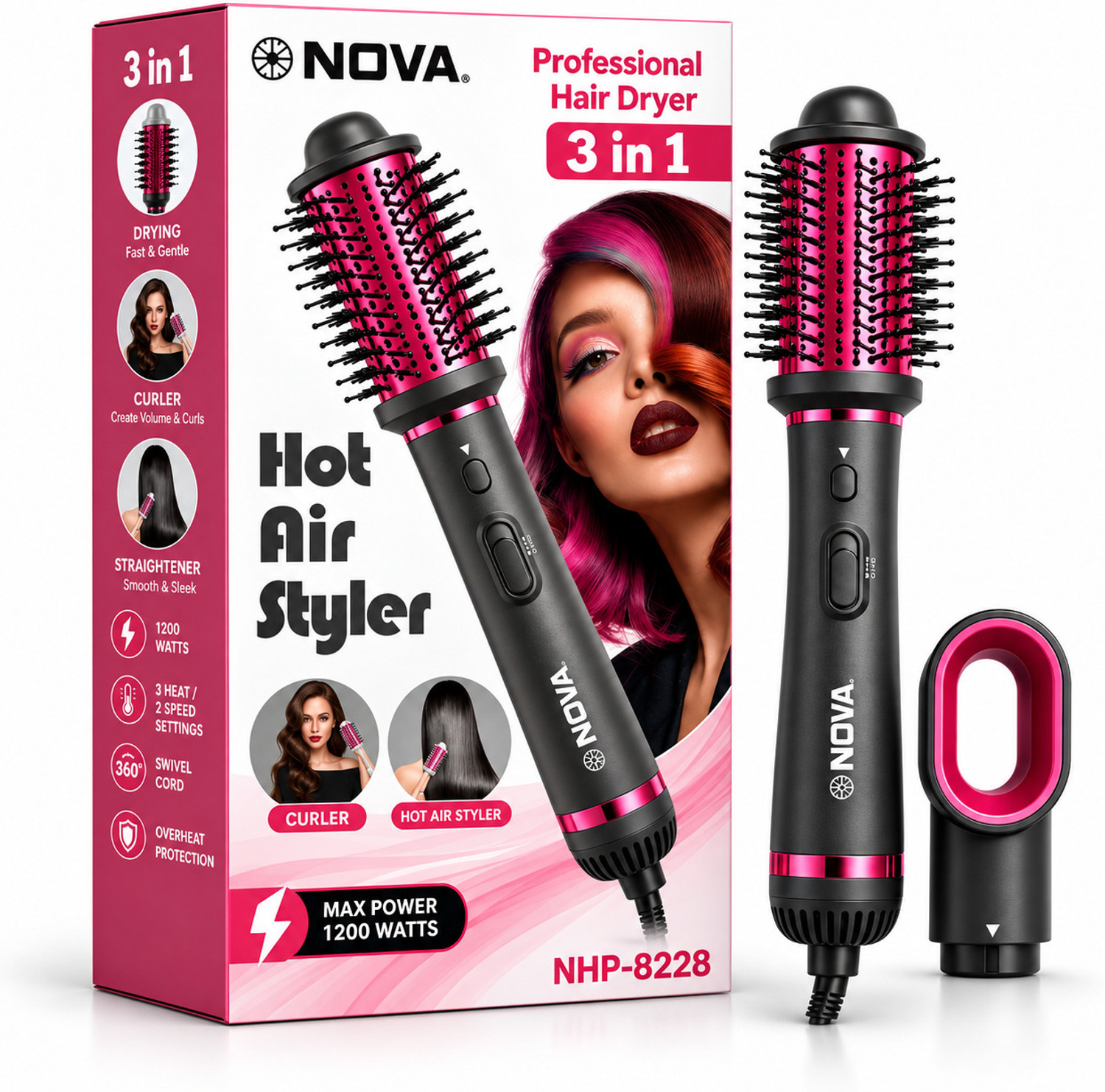 NOVA 3 in 1 Hot Air Brush for Women | One Step Dryer, Volumizer and NHP 8228 Hair Straightener Brush