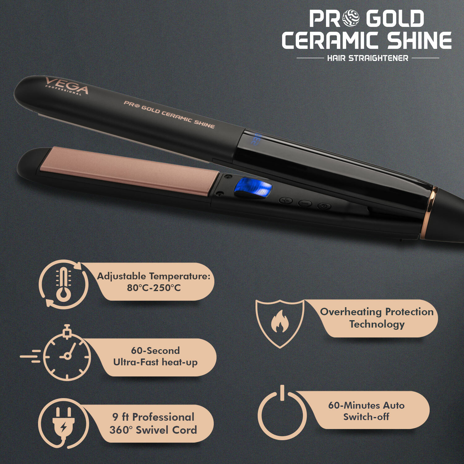 Image of Vega Professional Pro Gold Ceramic Shine Hair Straightener (VPMHS-08) VPMHS-08 Hair Straightener