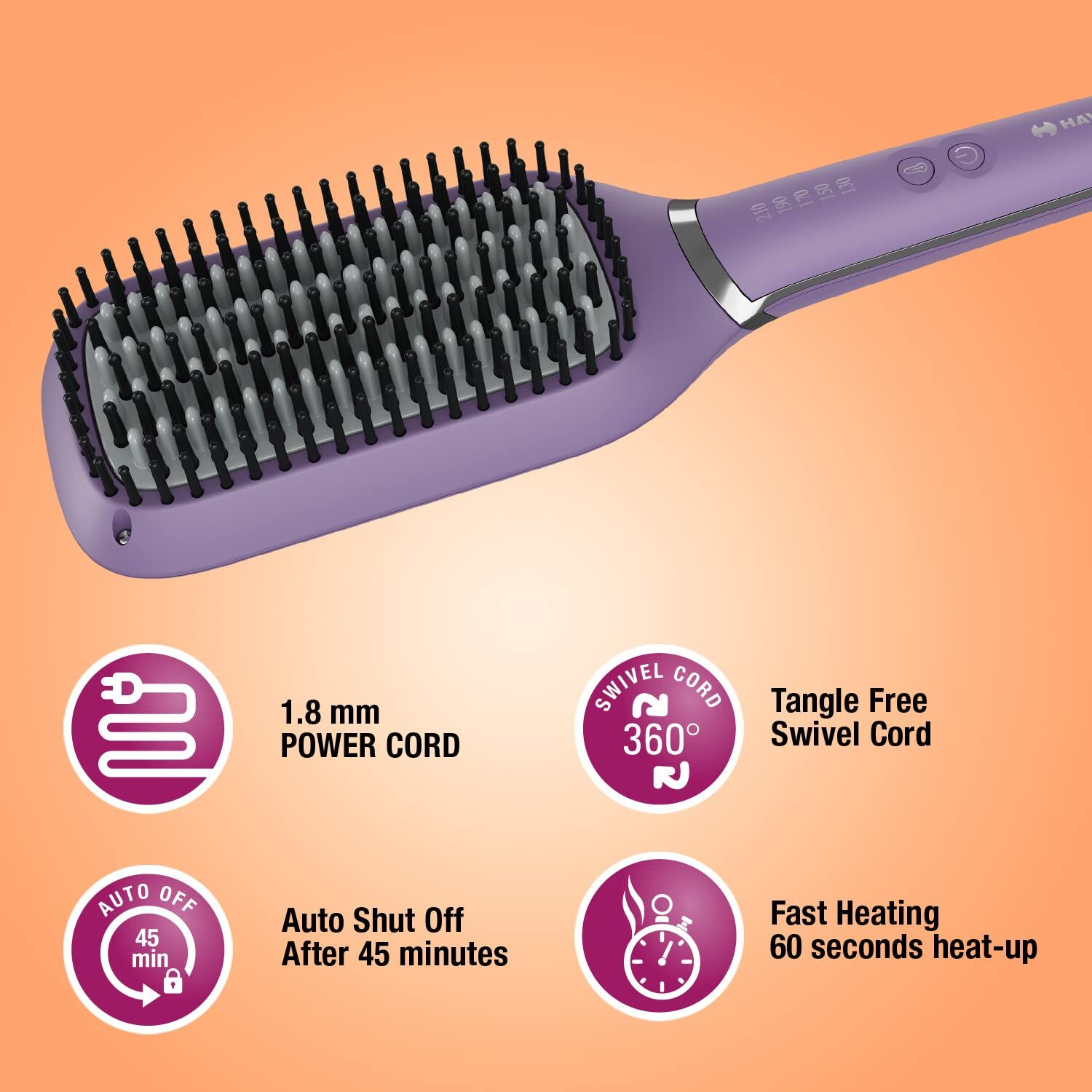 Image of HAVELLS Keratin Infused Brush with Temperature Control for All Hair Types HS4201 Hair Straightener Brush (Purple)