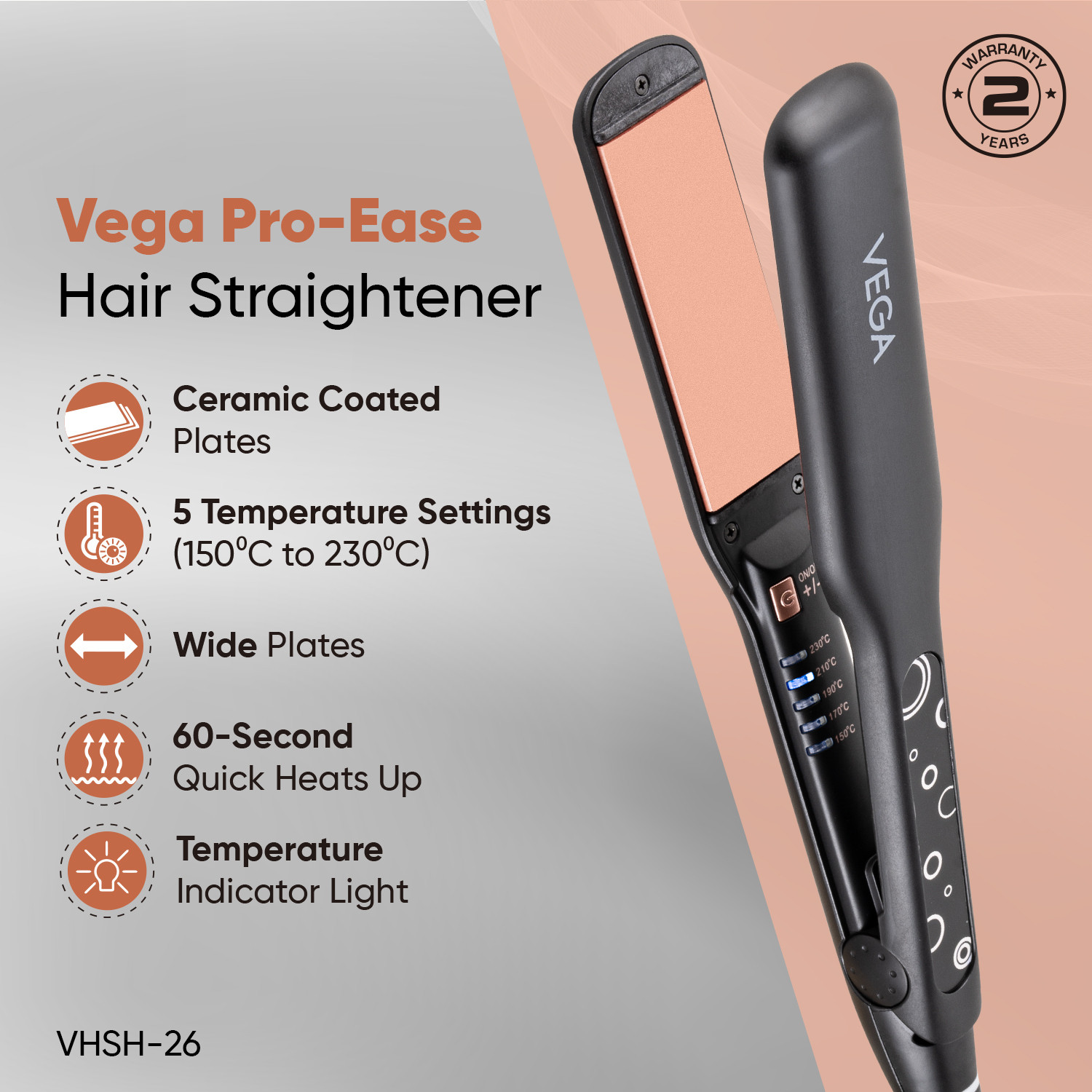 Image of VEGA Pro-Ease with Wide Ceramic Coated plates & Adjustable Temperature VHSH-26 Hair Straightener