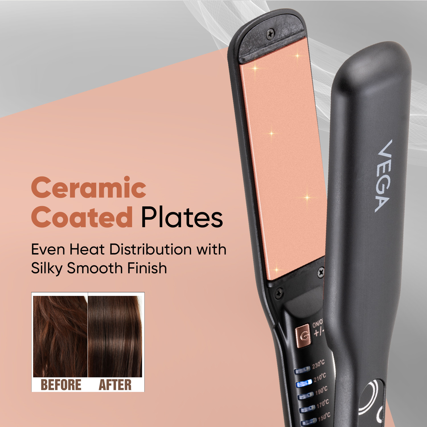 Image of VEGA Pro-Ease with Wide Ceramic Coated plates & Adjustable Temperature VHSH-26 Hair Straightener