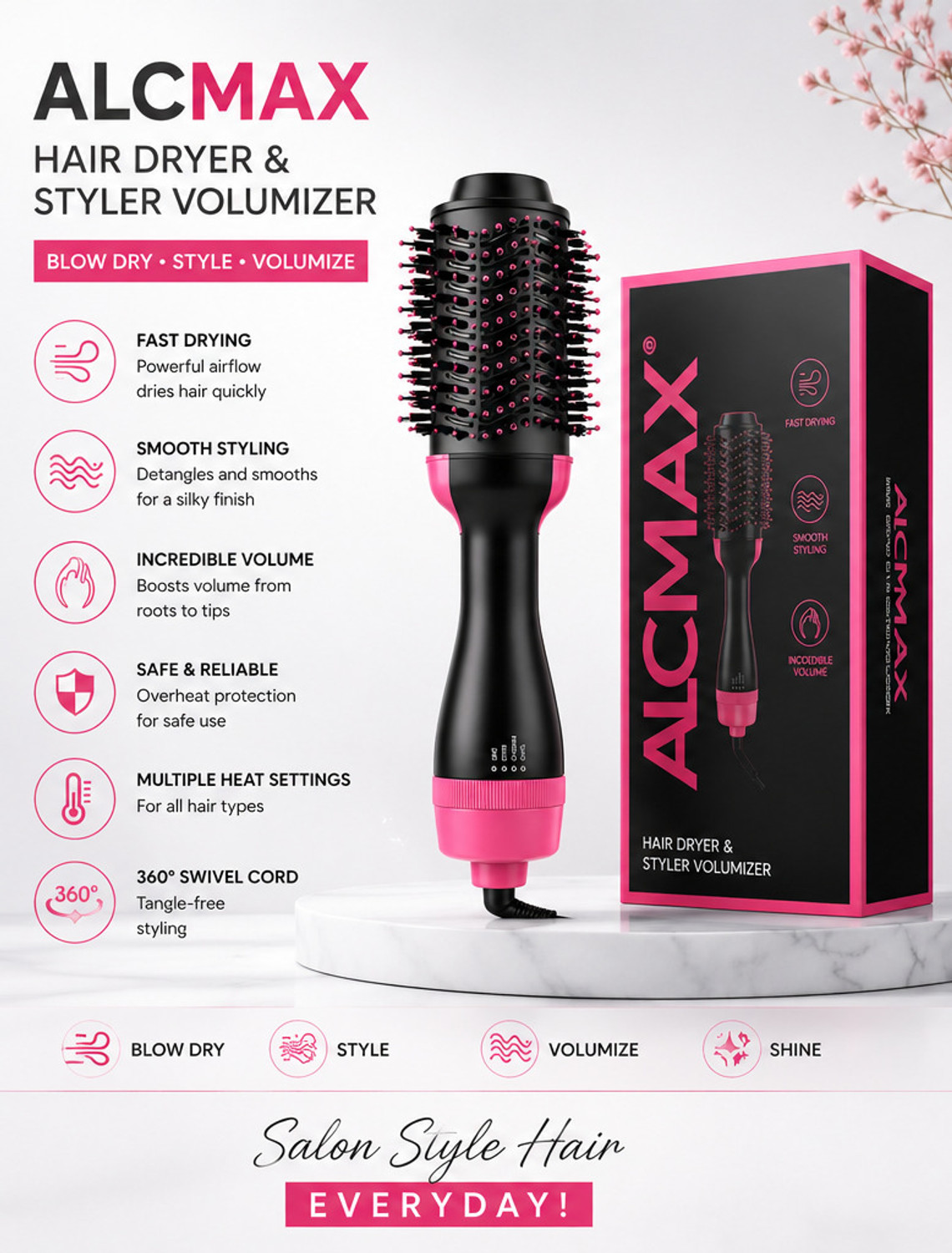 Image of Alcmax Hair Dryer Volumizer with Complimentary Mini Heat Comb for Women Hair Dryer & Styler Volumizer Brush Hair Straightener Brush