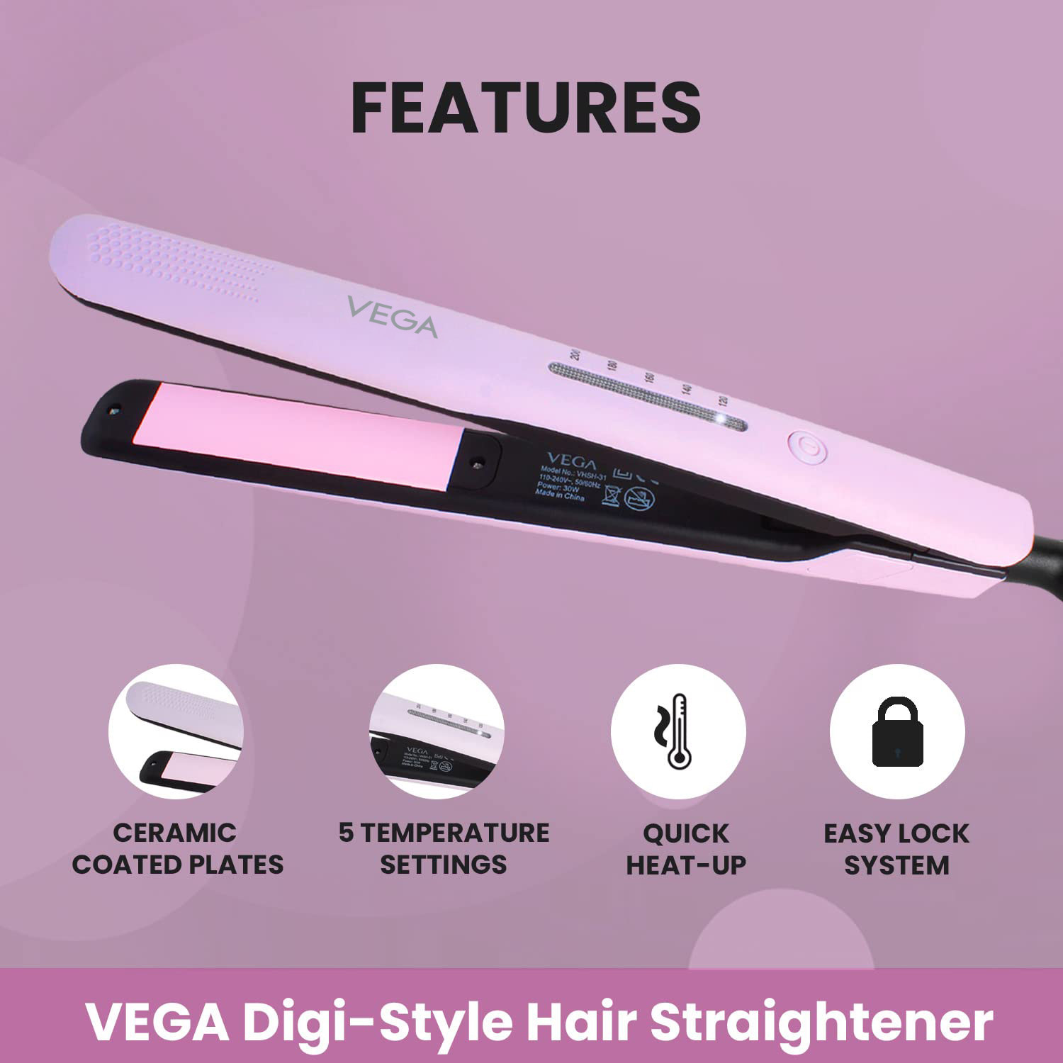 Image of VEGA Digi Style with 5 Temperature Settings and Quick Heat Up VHSH-31 Hair Straightener