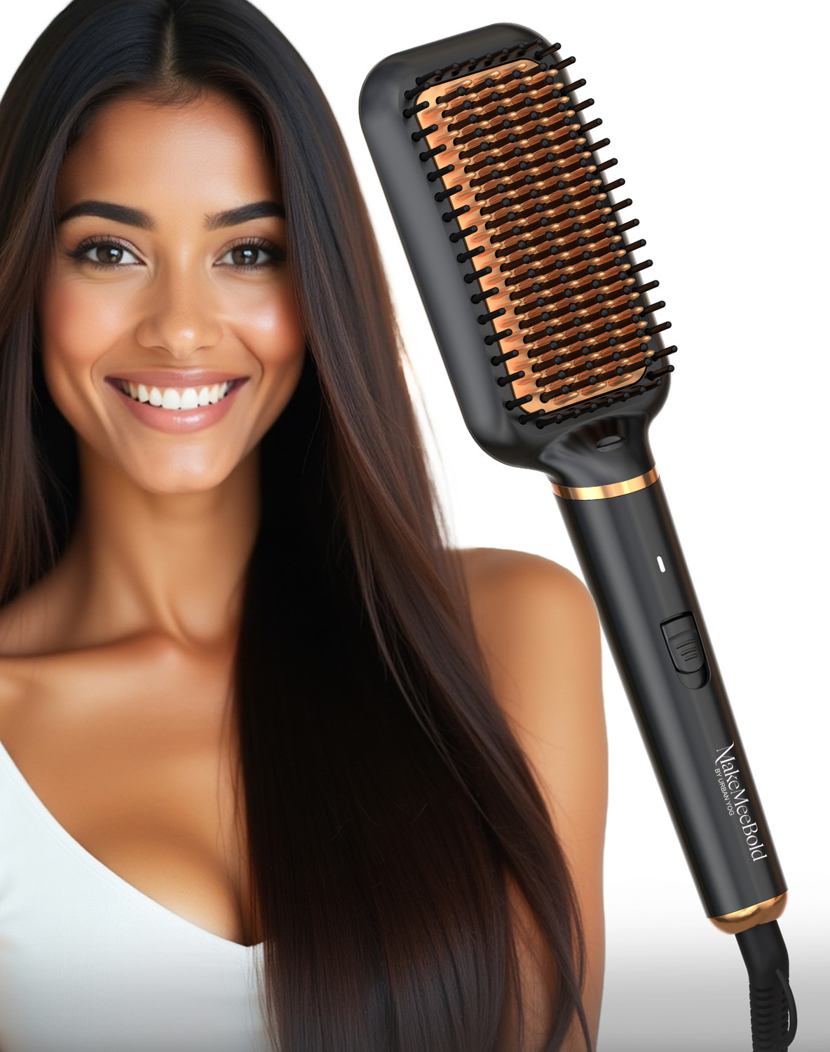 Image of MakeMeeBold Frizz-Free Hair Straightening Brush for Women | 73mm Large Paddle Design Electric Comb for Women | 2 Heat Settings 180C & 210C | Auto Shut-Off & 360 Hair Straightener Brush