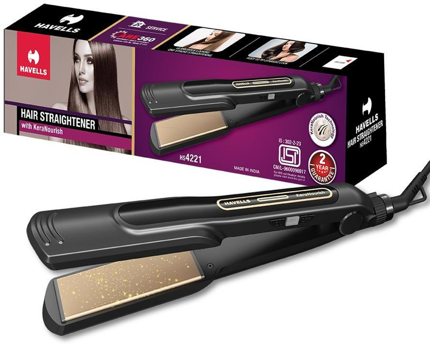 Image of HAVELLS Wide Plate Hair Straightener, Keratin Technology, For All Hair Types Wide Plate Hair Straightener, Keratin Technology, For All Hair Types Hair Straightener (Black)
