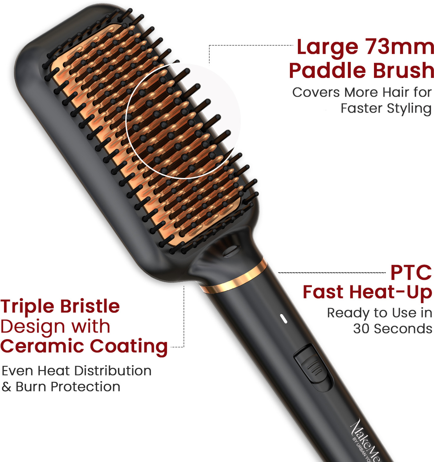 Image of MakeMeeBold Frizz-Free Hair Straightening Brush for Women | 73mm Large Paddle Design Electric Comb for Women | 2 Heat Settings 180C & 210C | Auto Shut-Off & 360 Hair Straightener Brush