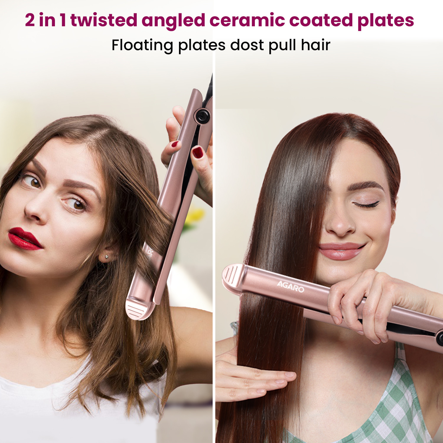 Image of AGARO Straightener & Curler, 2-In-1 Twist Angled Ceramic Coated Floating Plates HS1927 Hair Straightener
