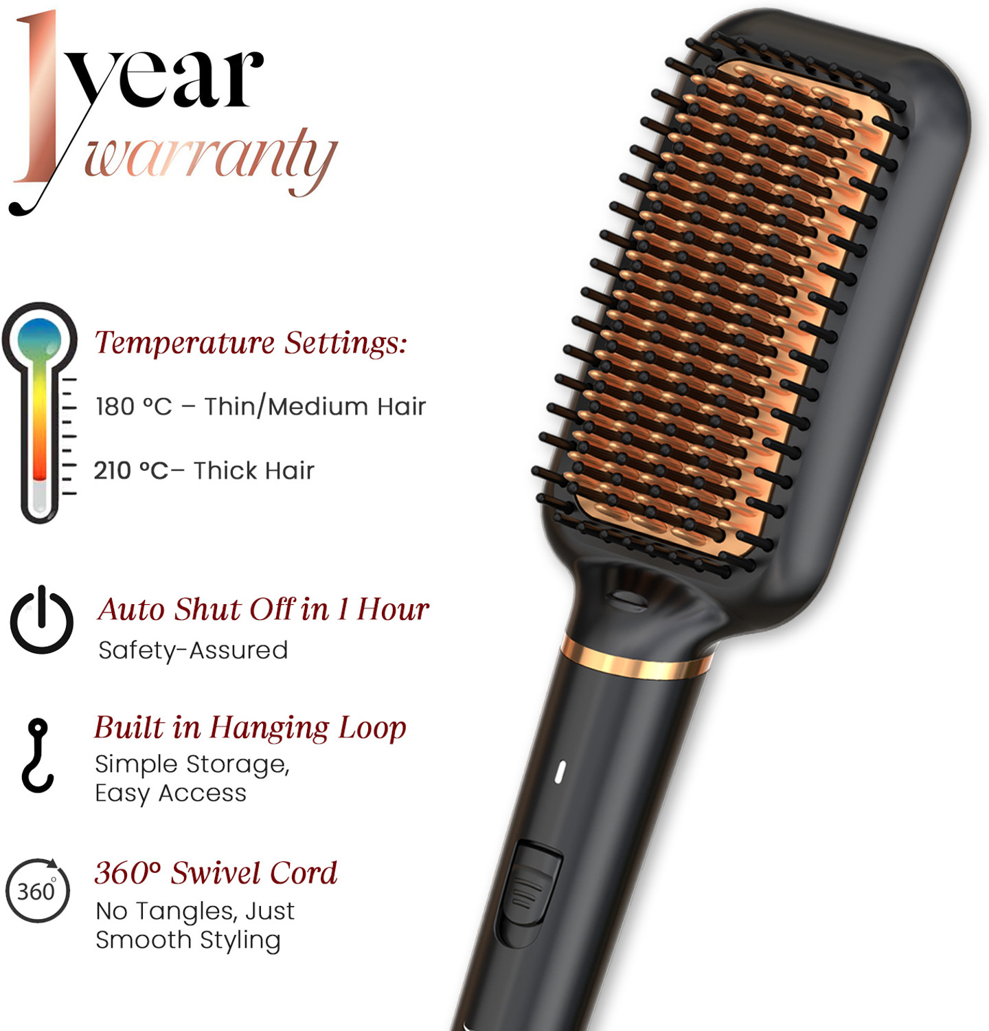Image of MakeMeeBold Frizz-Free Hair Straightening Brush for Women | 73mm Large Paddle Design Electric Comb for Women | 2 Heat Settings 180C & 210C | Auto Shut-Off & 360 Hair Straightener Brush