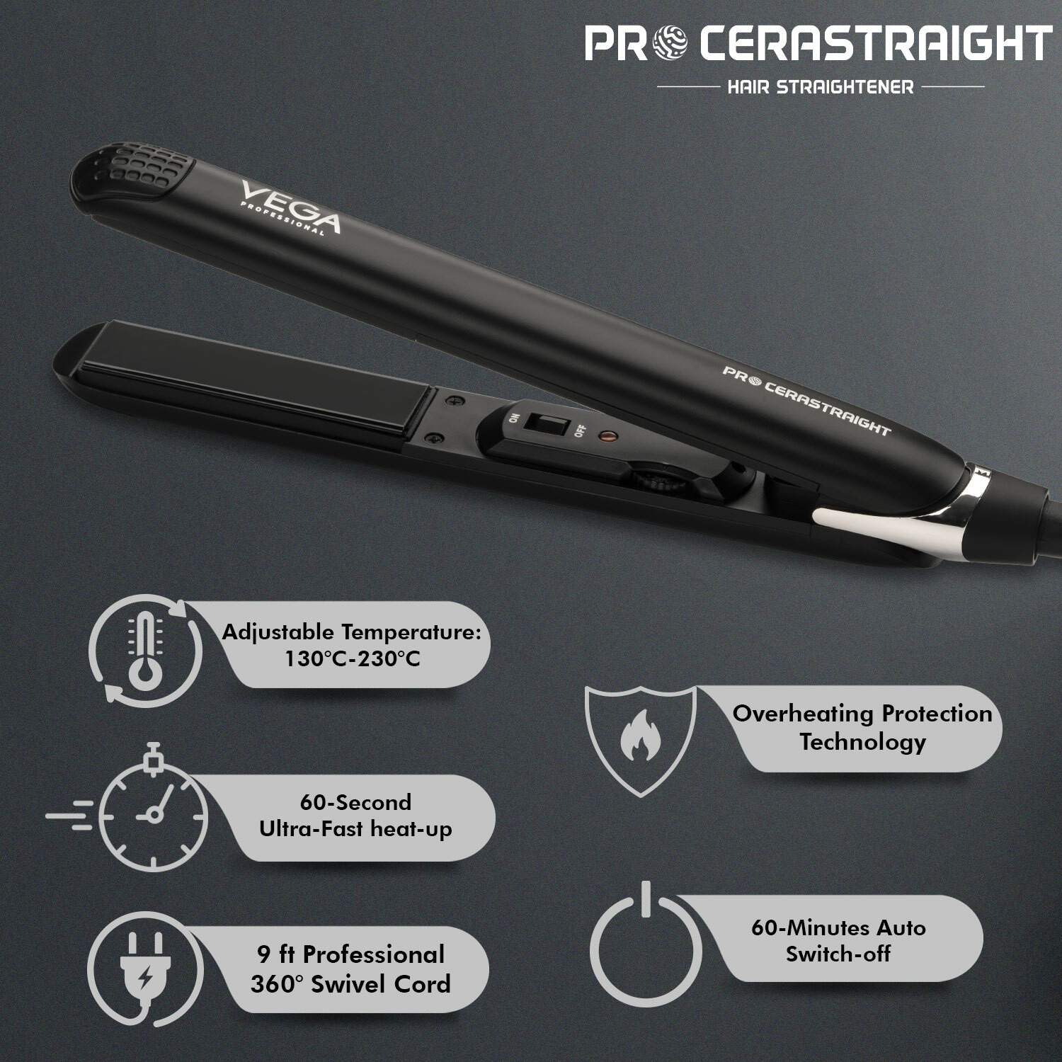 Image of Vega Professional Pro Cera Straight Hair Straightener with Tourmaline Ceramic Plates, (VPVHS-09) VPVHS-09 Hair Straightener