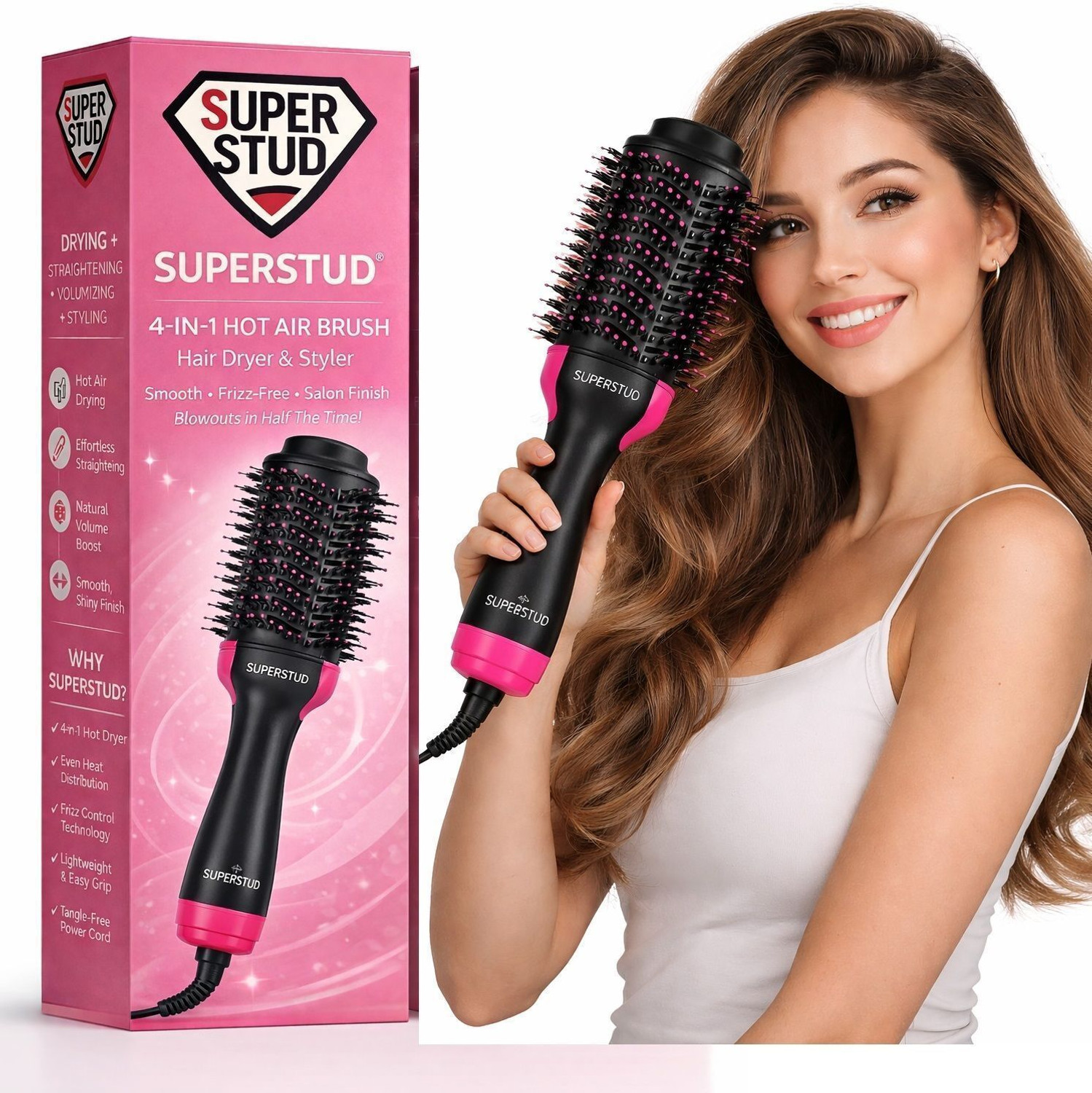 Image of SUPERSTUD Hair Dryer Straightener Brush For Woman Professional 4 In 1 Volumizer Hair Straightener Brush