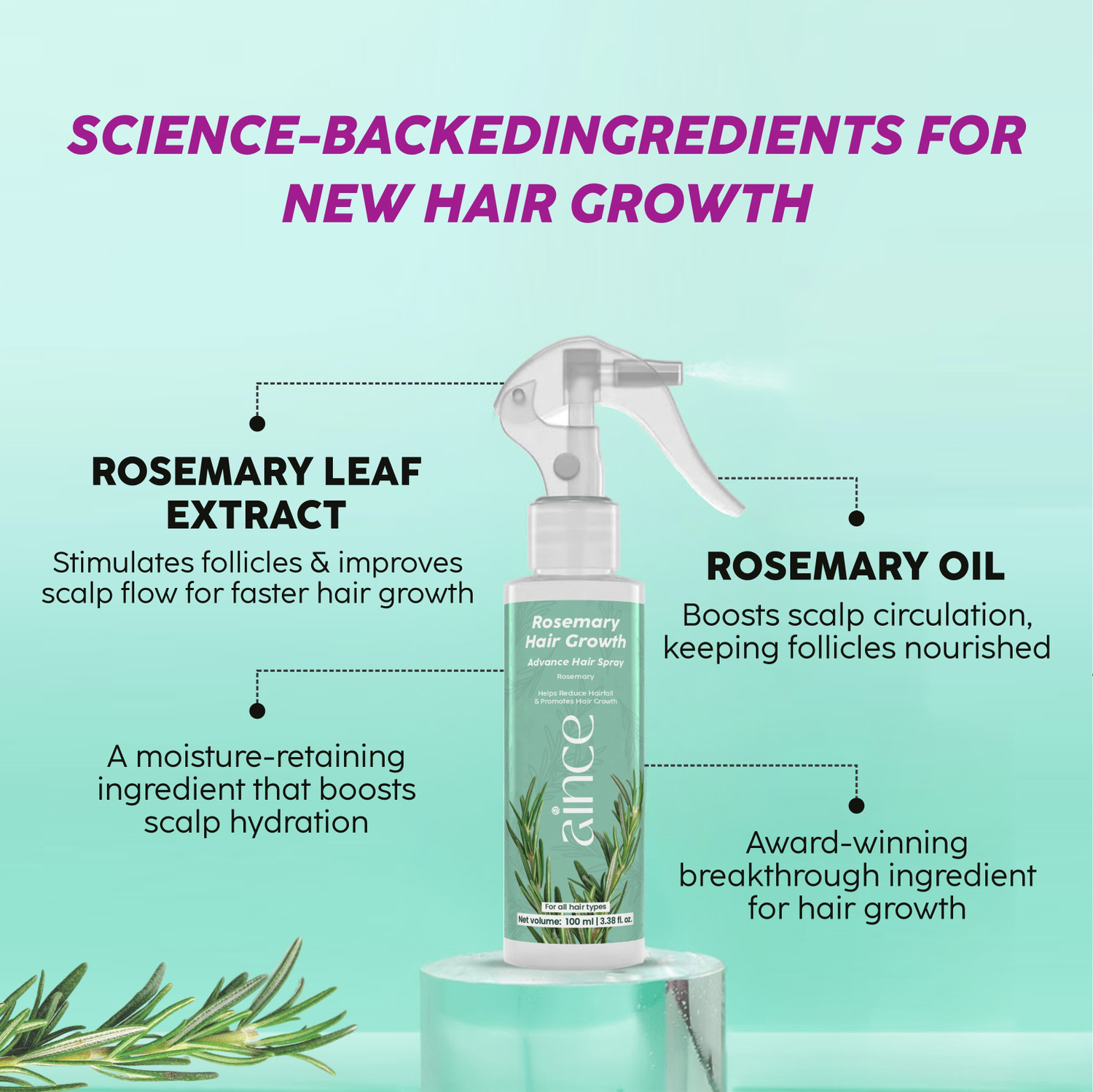 Image of Aince Rosemary Hair Growth Advanced Hair Spray for fuller, thicker hair Hair Spray Hair Styler (100 ml)