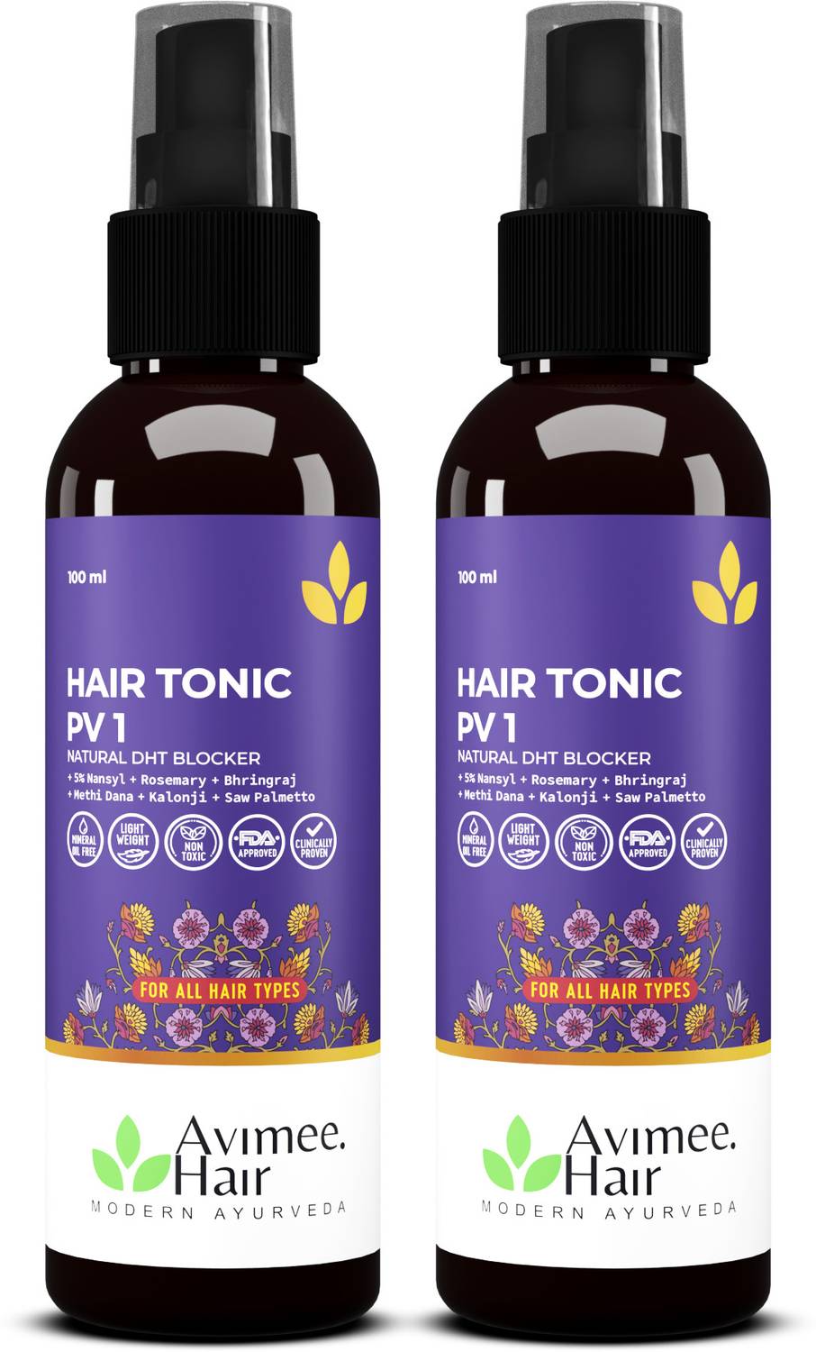 Avimee Herbal Hairtone PV 1 Scalp | DHT Blocker | Saw Palmetto, Methi Extracts | 2*100ml Hair Spray
