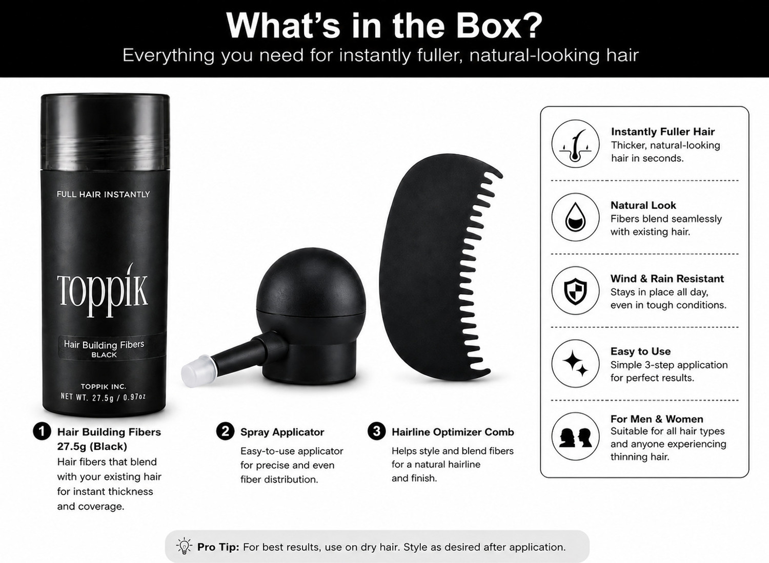 Image of toppik Hair Fiber Black 27.5g with Applicator & Hairline Comb Hair Fiber