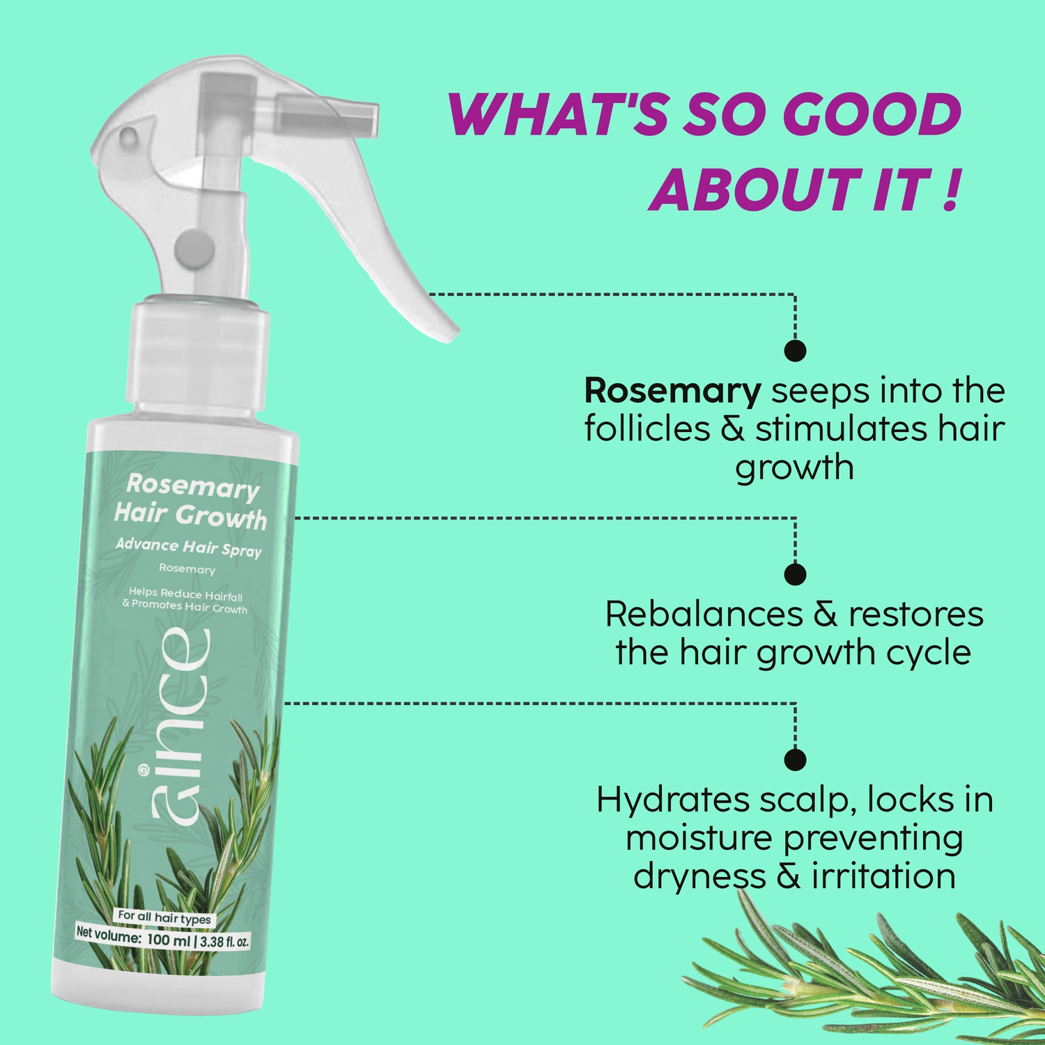 Image of Aince Rosemary Hair Growth Advanced Hair Spray for fuller, thicker hair Hair Spray Hair Styler (100 ml)