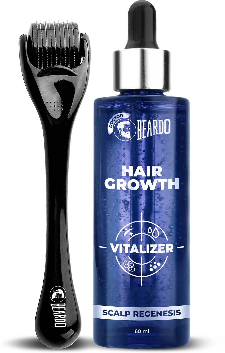 BEARDO Hair Growth Vitalizer Serum 60ml & Dermaroller 0.5 mm | Biotin | Non-Sticky Hair Serum
