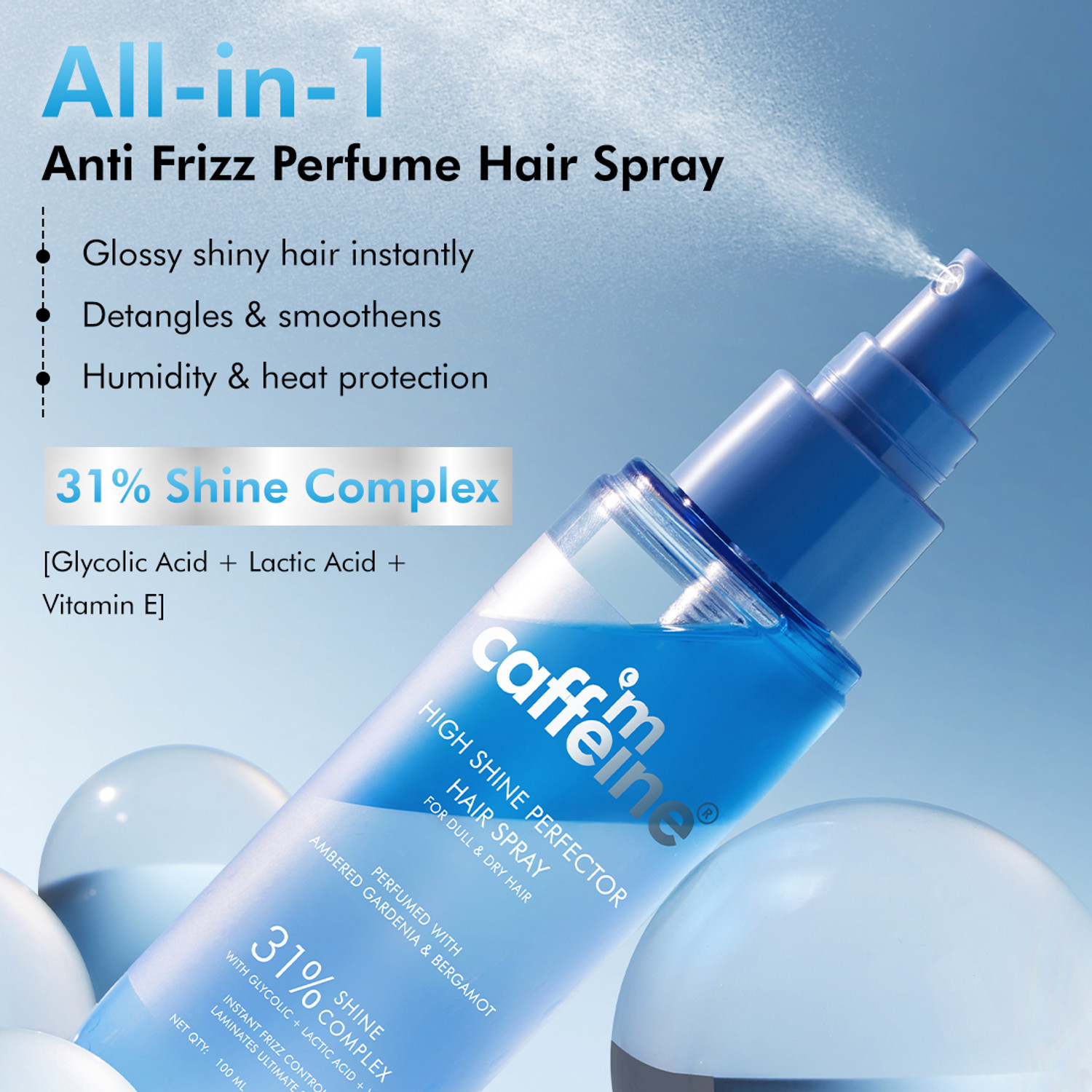 Image of mCaffeine 5-in-1 Anti-Frizz Perfume Hair Spray| Instant Shine & Floral Fragrance Hair Spray