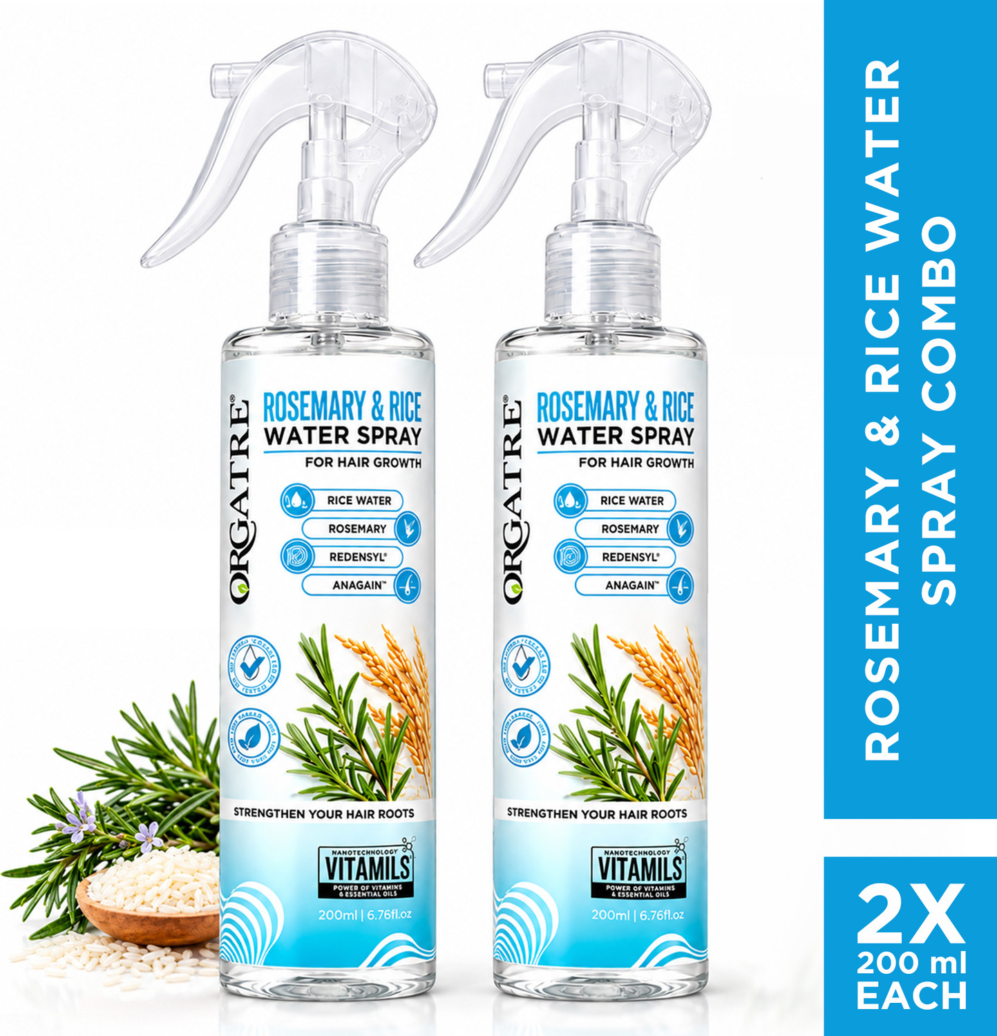 Orgatre 100% Rosemary Water Spray with Rice Extract for Hair Growth & Hairfall Control Hair Spray