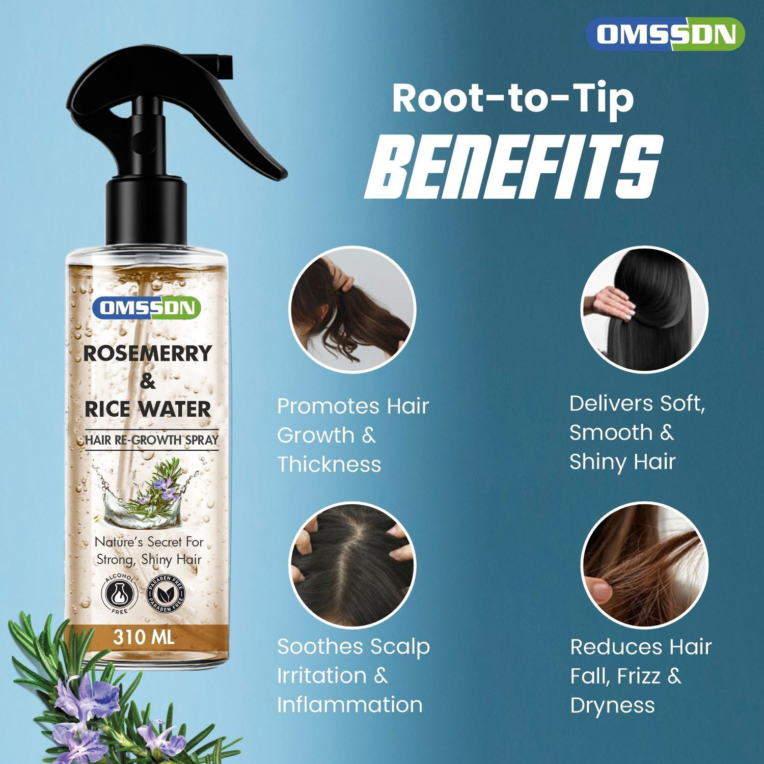 Image of OMSSDN Rosemary & Rice Water Spray for Hair Re-Growth, Hair Fall Control - 310 ml X 2