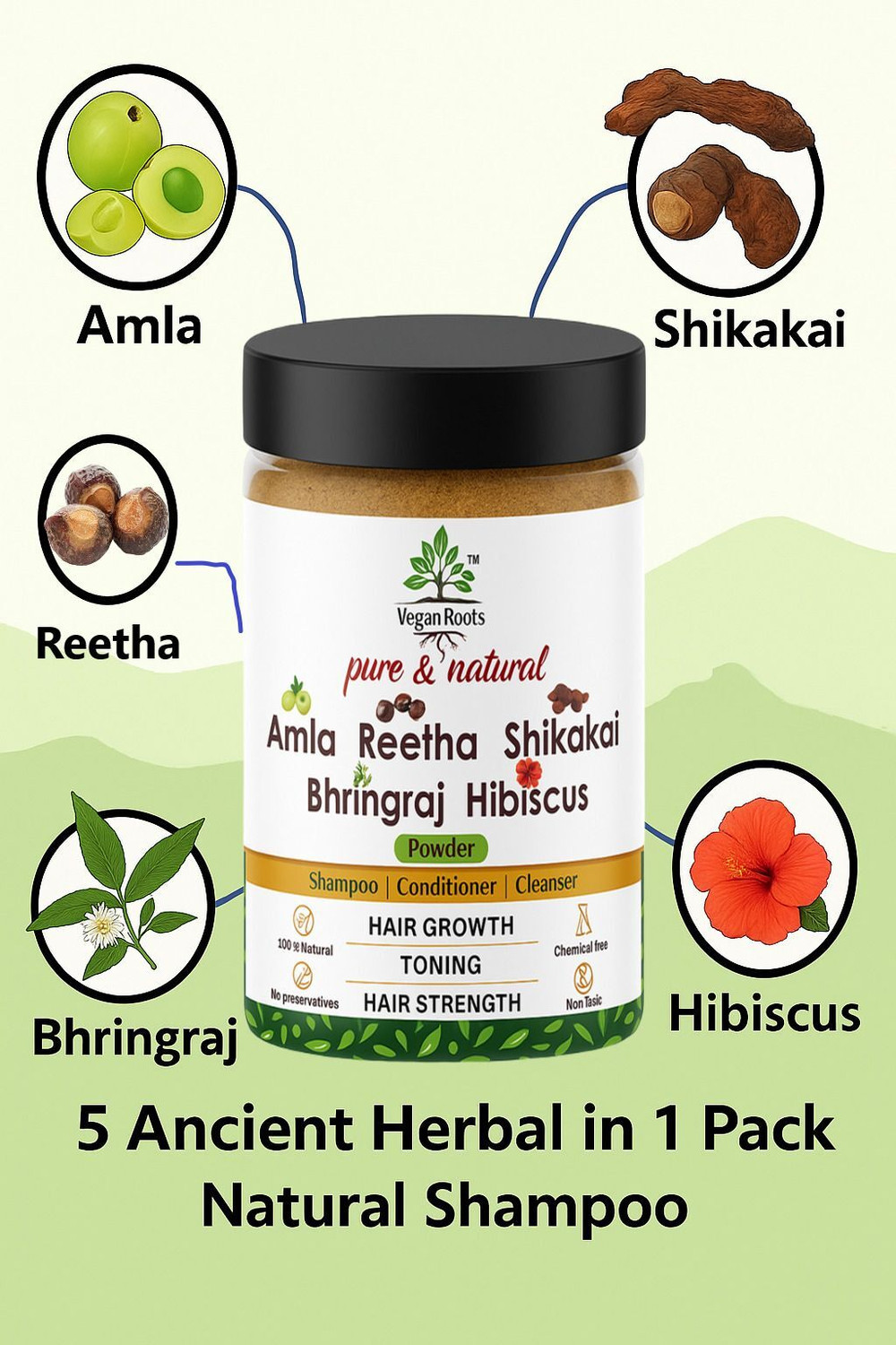 Image of VEGAN ROOTS Natural Shampoo with Amla Reetha Shikakai Bhringraj Hibiscus combo