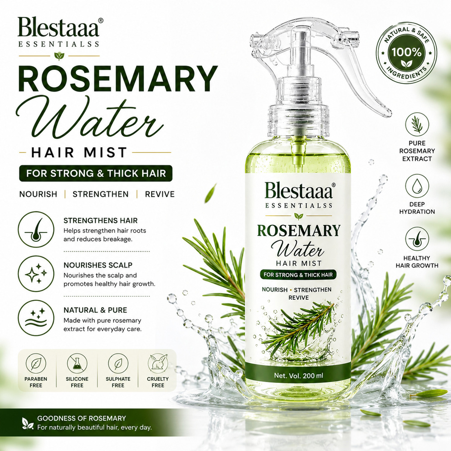 Image of blestaaa essentialss Rosemary Hair Spray for Stronger Roots, Healthy Scalp and Hair Growth Care