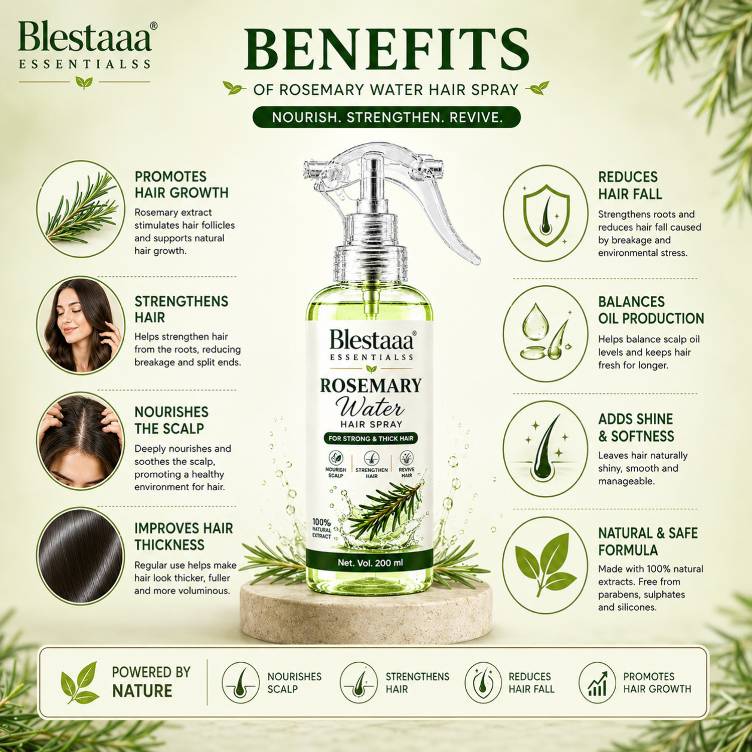 Image of blestaaa essentialss Rosemary Hair Spray for Stronger Roots, Healthy Scalp and Hair Growth Care