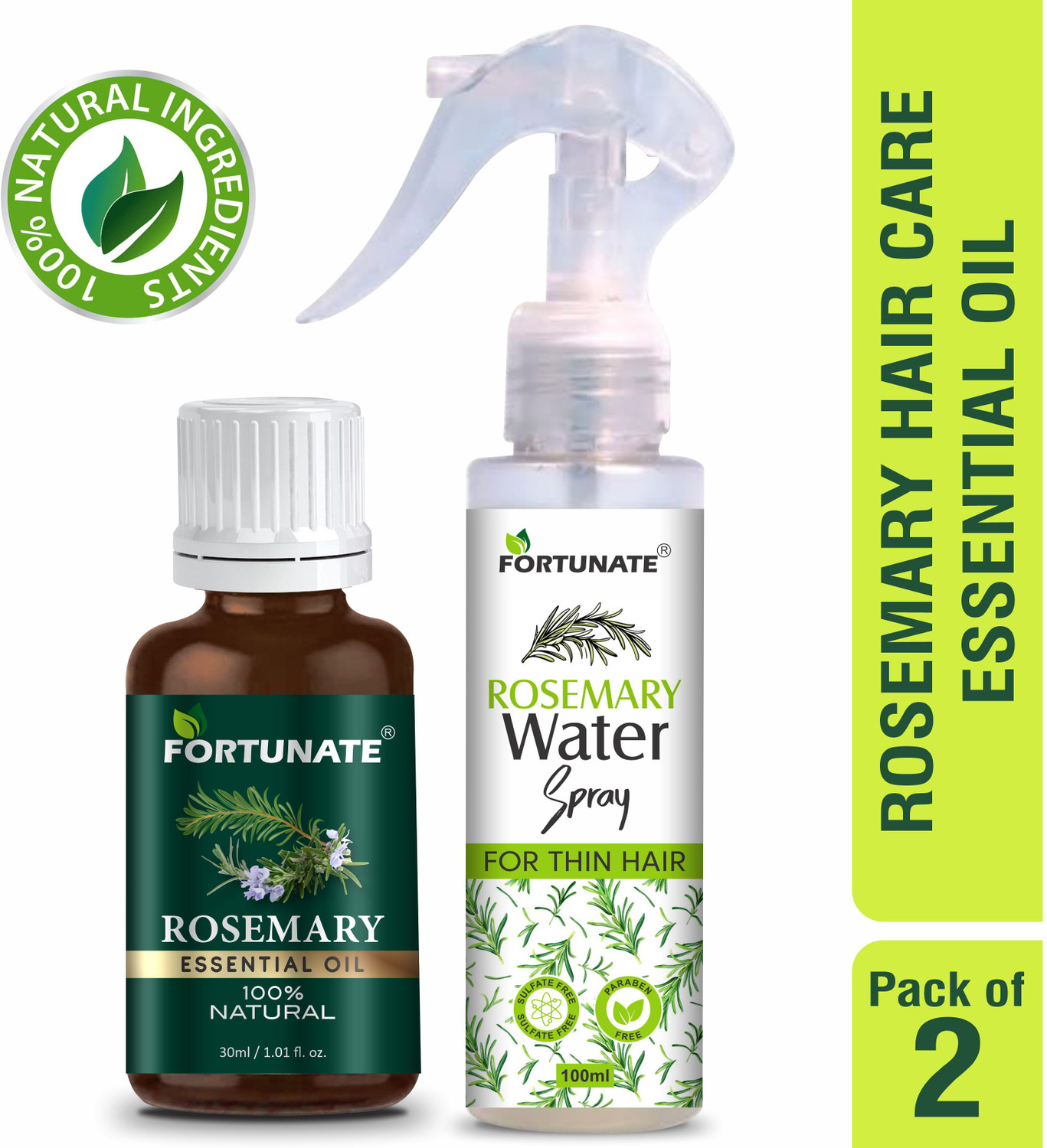 Image of FORTUNATE Rosemary Hair Essentials Oil 30ml - Rosemary Water Hair Spray 100ml - Combo Pack