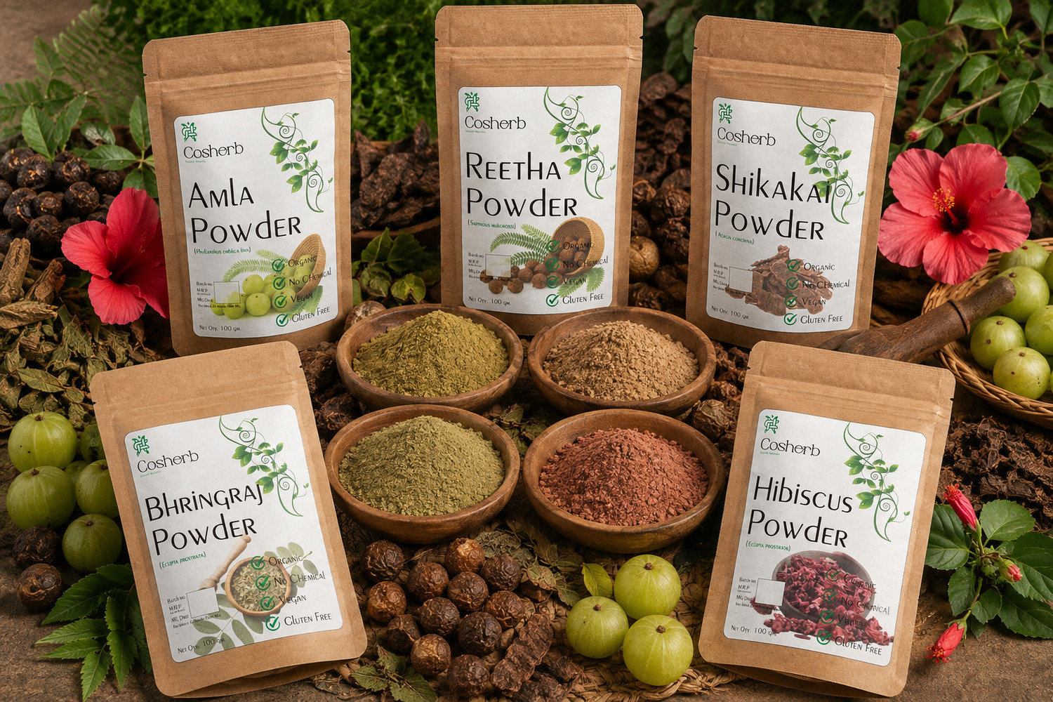Image of Cosherb Pure Amla Reetha Shikakai Bhringraj & Hibiscus powder for Hair Care