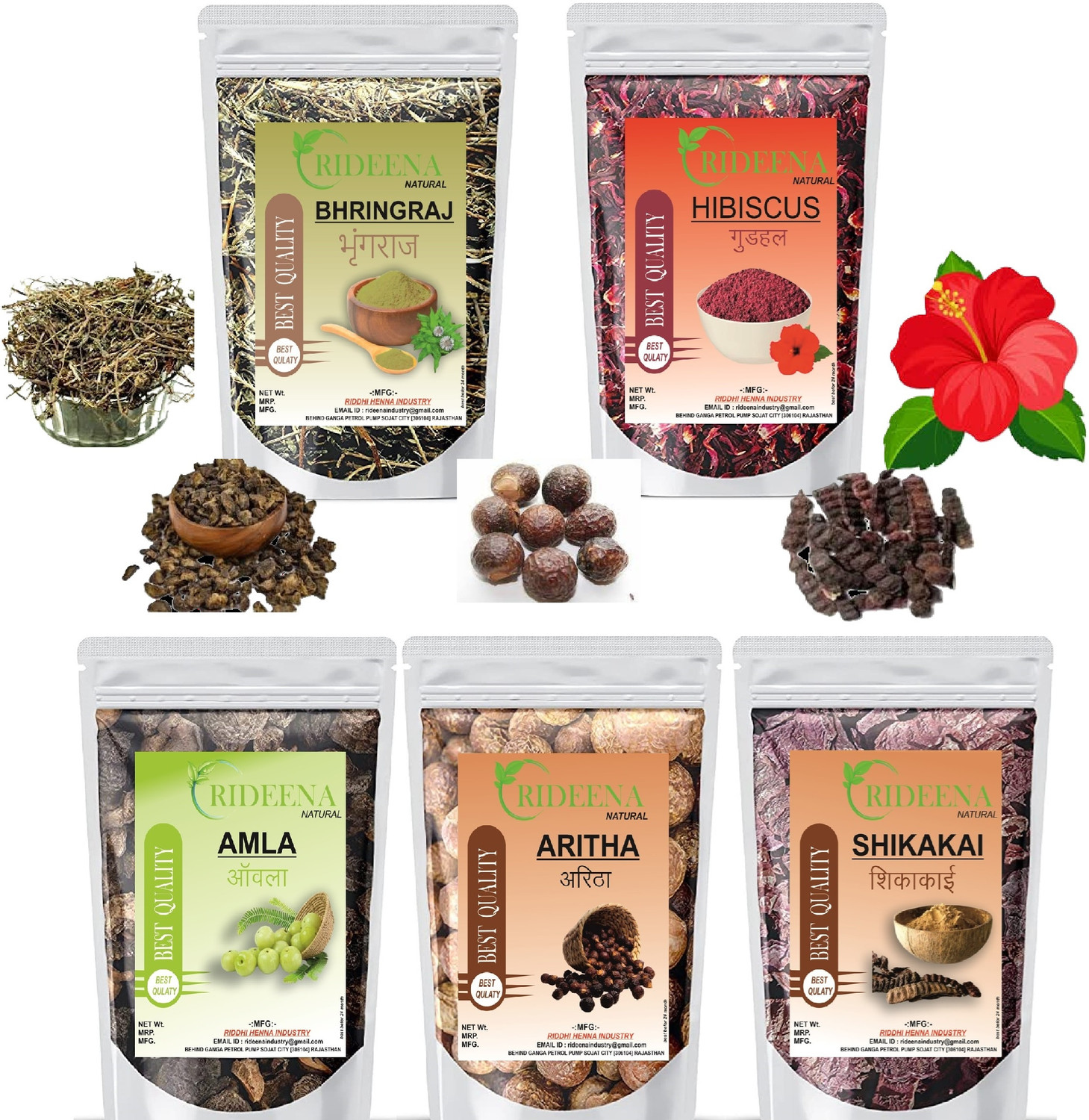 Image of Rideena Natural Dry Amla Raw Reetha Raw Shikakai Raw Bhrinjraj Raw Hibiscus Raw