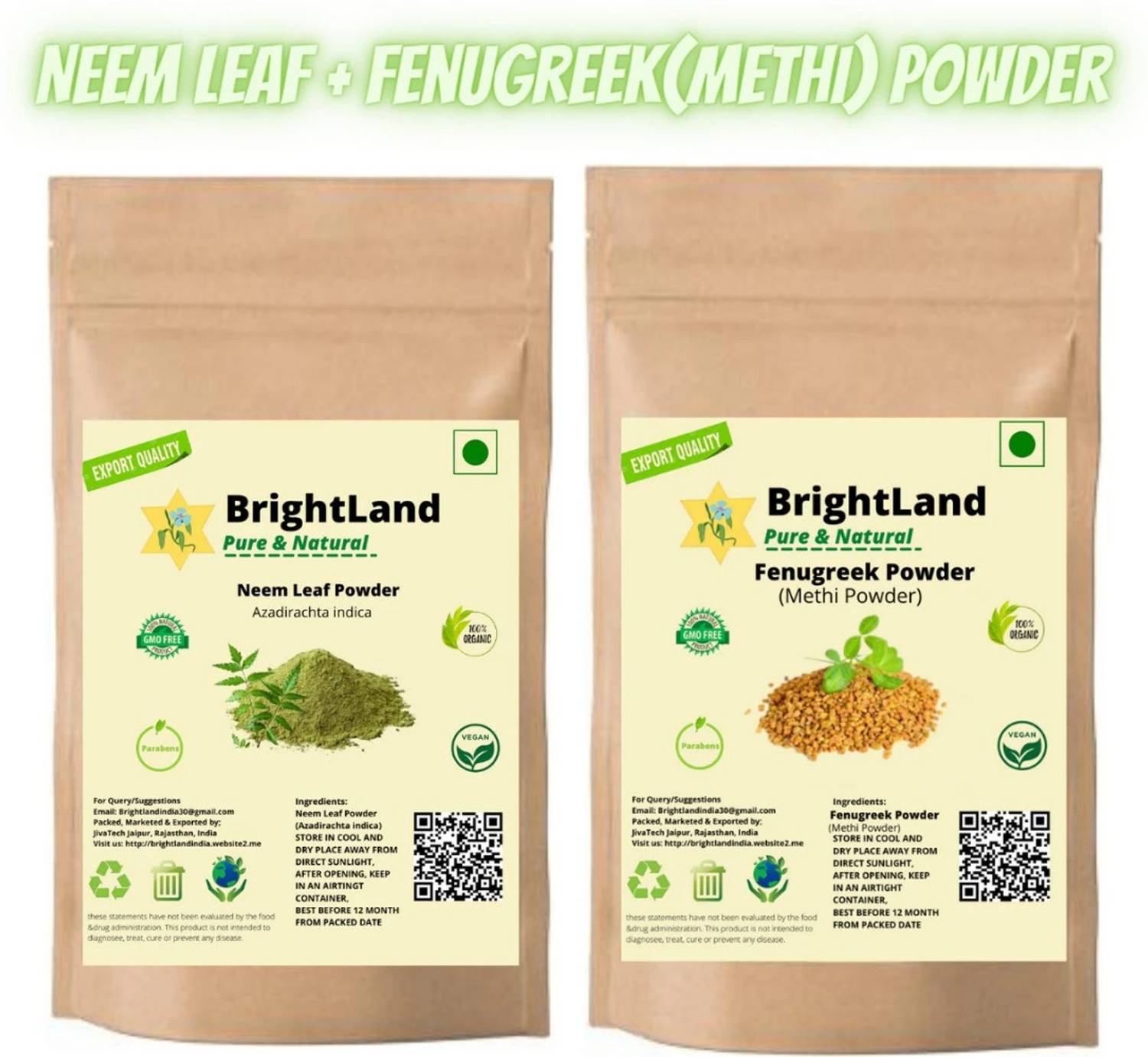 Brightland 100% Methi powder & Neem powder for hair dandruff pack of 2 (75gm Each )