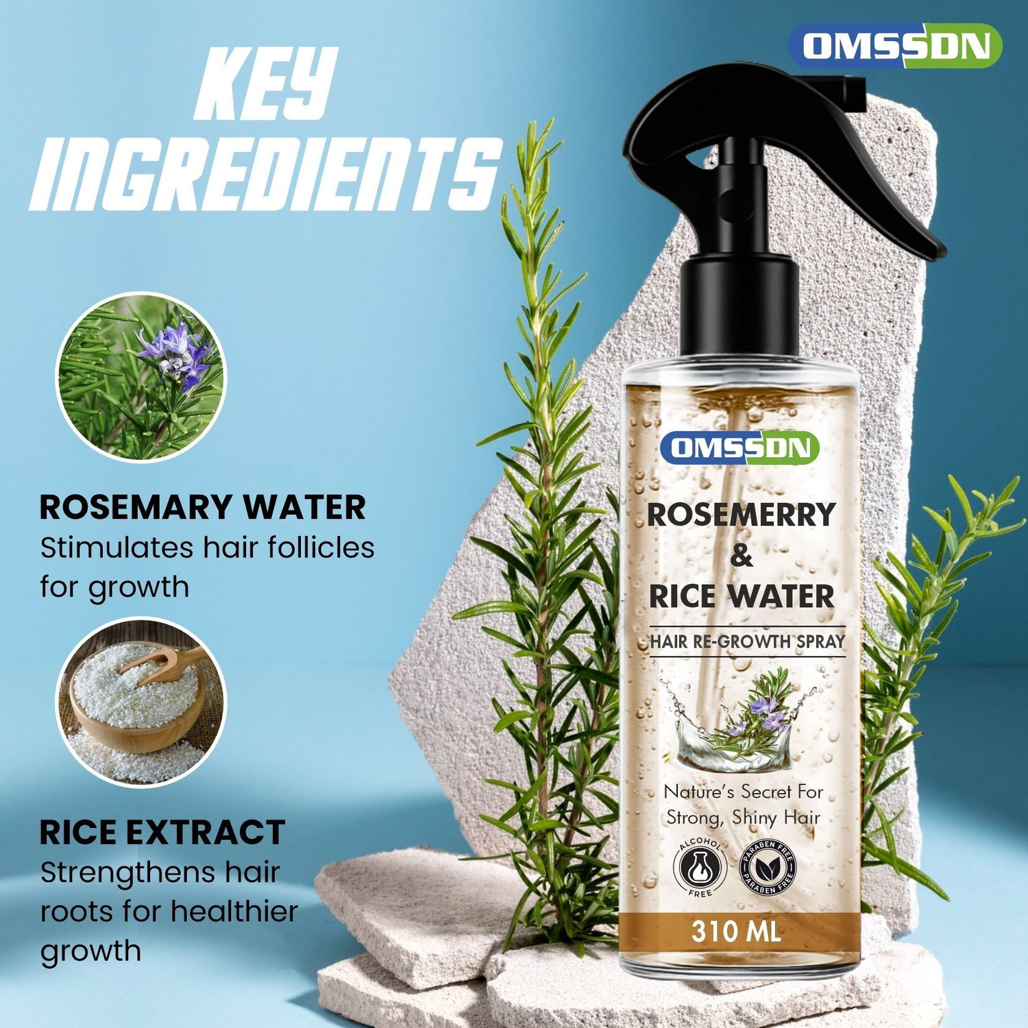 Image of OMSSDN Rosemary & Rice Water Spray for Hair Re-Growth, Hair Fall Control - 310 ml X 2