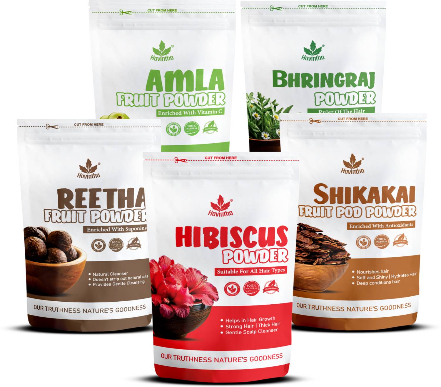 Havintha Amla, Reetha, Shikakai, Bhringraj, Hibiscus Powder for Hair - Image 1