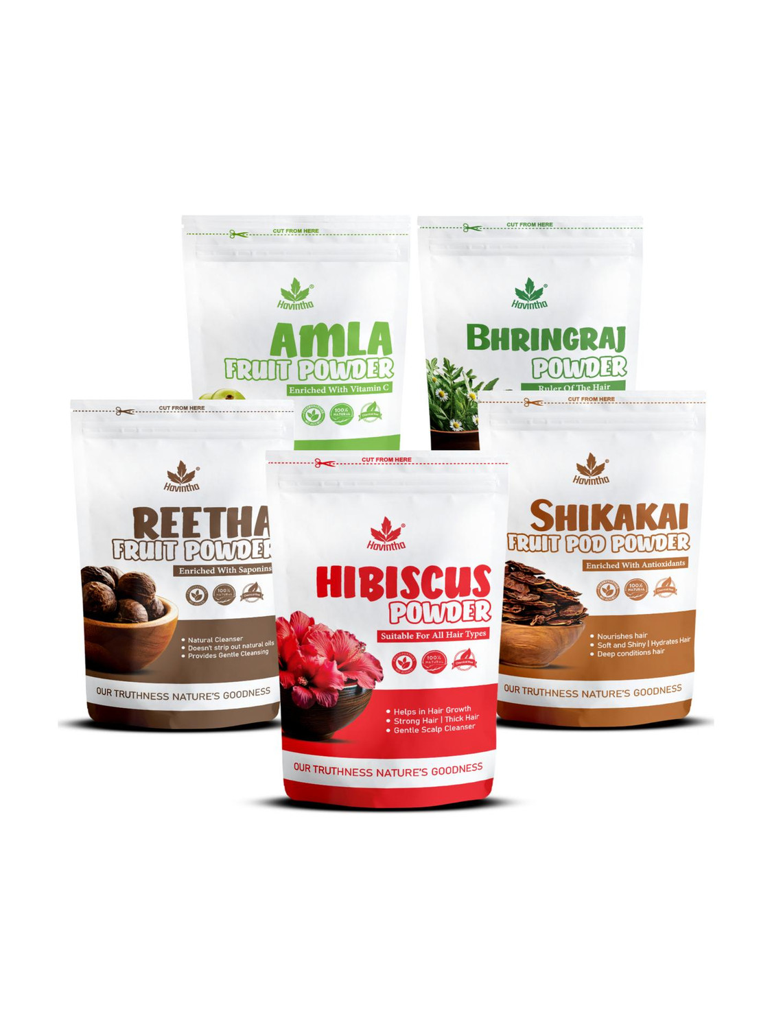 Havintha Amla, Reetha,Shikakai, Bhringraj, Hibiscus powder for hair (Combo Pack of 5) - Each 50 grams