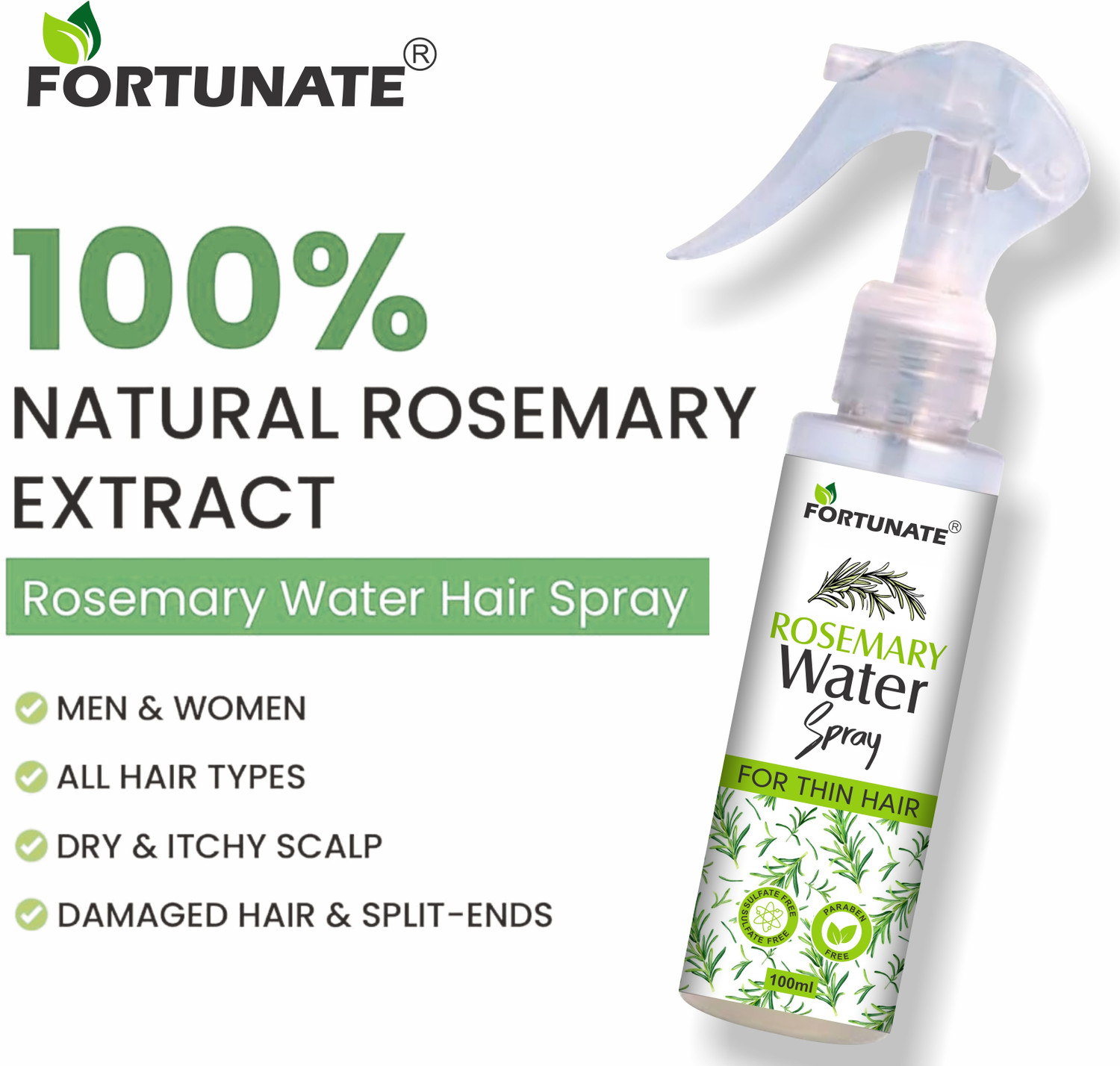 Image of FORTUNATE Rosemary Hair Essentials Oil 30ml - Rosemary Water Hair Spray 100ml - Combo Pack