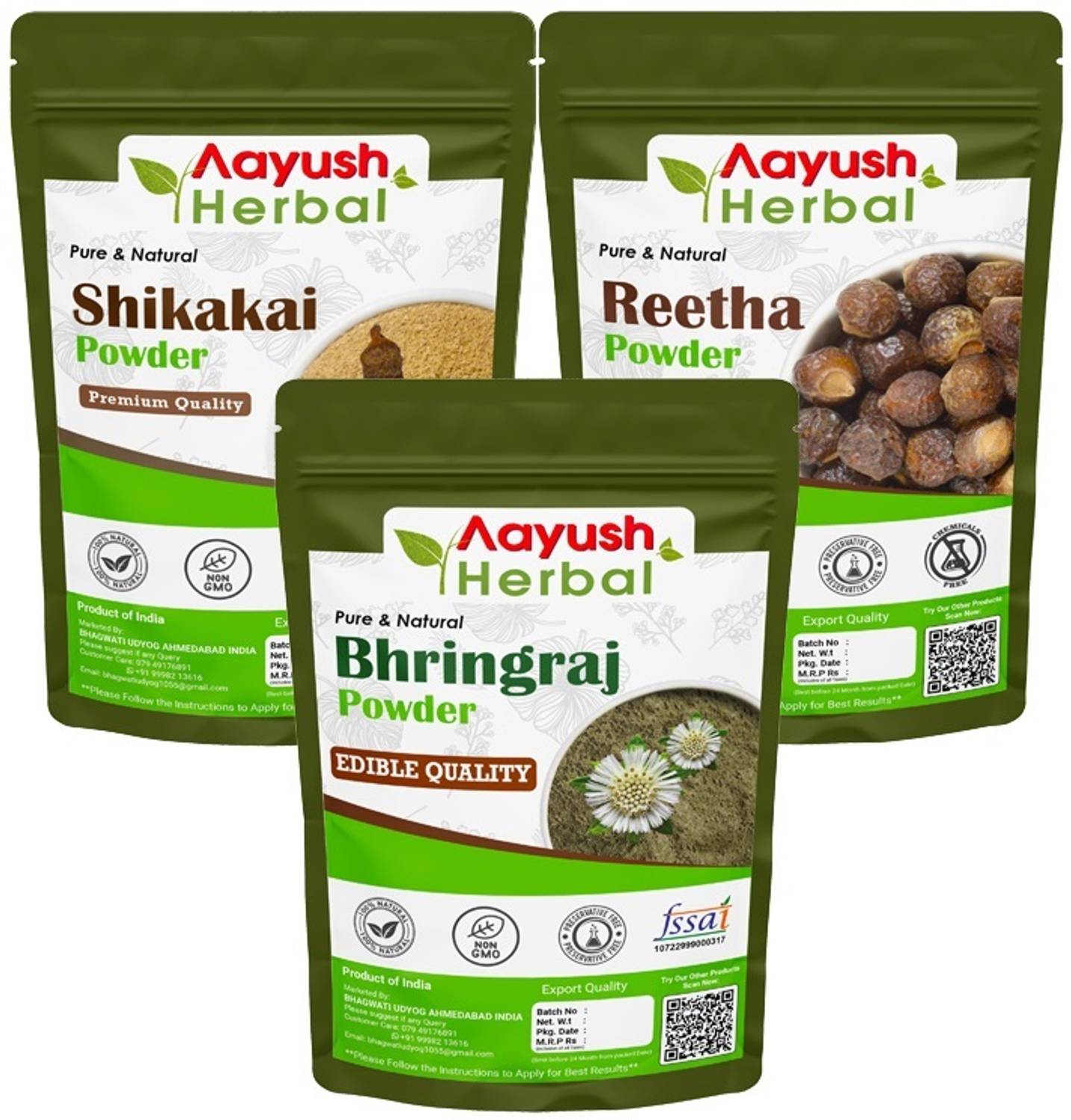 Aayush Herbal Bhringraj/Shikakai/Reetha Powder 100% Natural For Hair Growth/Hair treatment (100g Each)