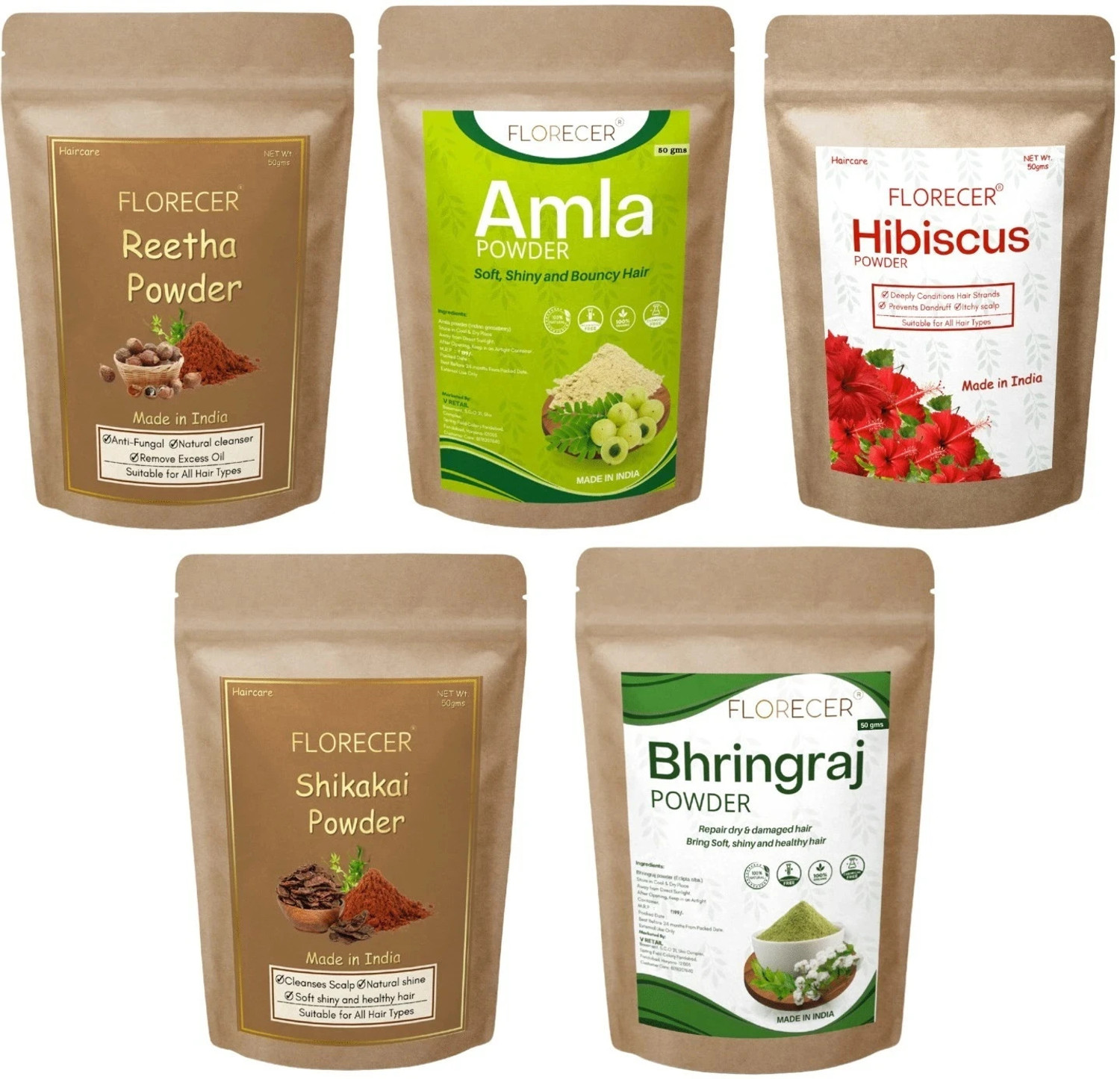 Image of FLORECER Amla,Reetha,Shikakai,Bhringraj and Hibiscus Powder for Hair (Each 50 Gram)