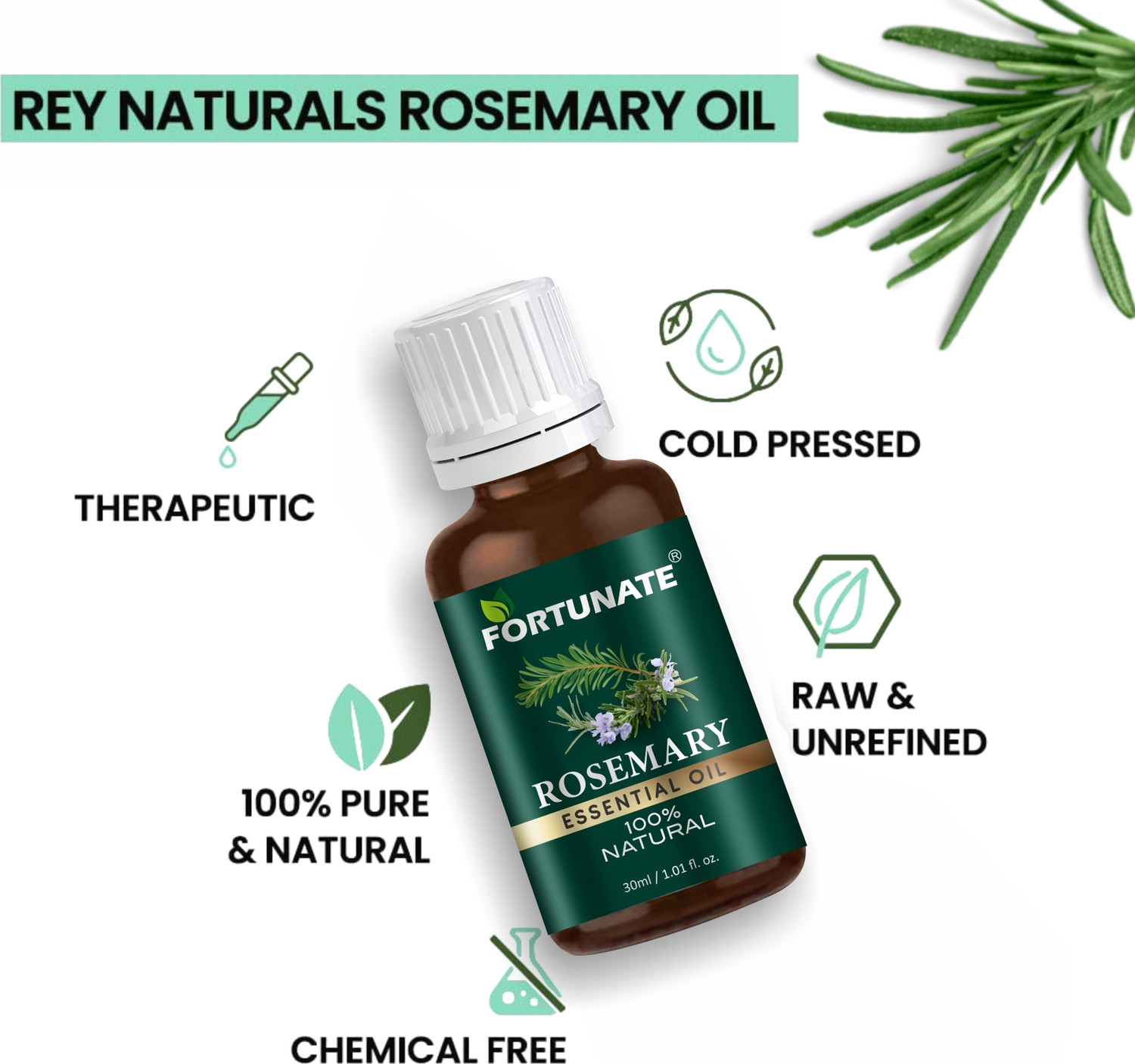 Image of FORTUNATE Rosemary Hair Essentials Oil 30ml - Rosemary Water Hair Spray 100ml - Combo Pack