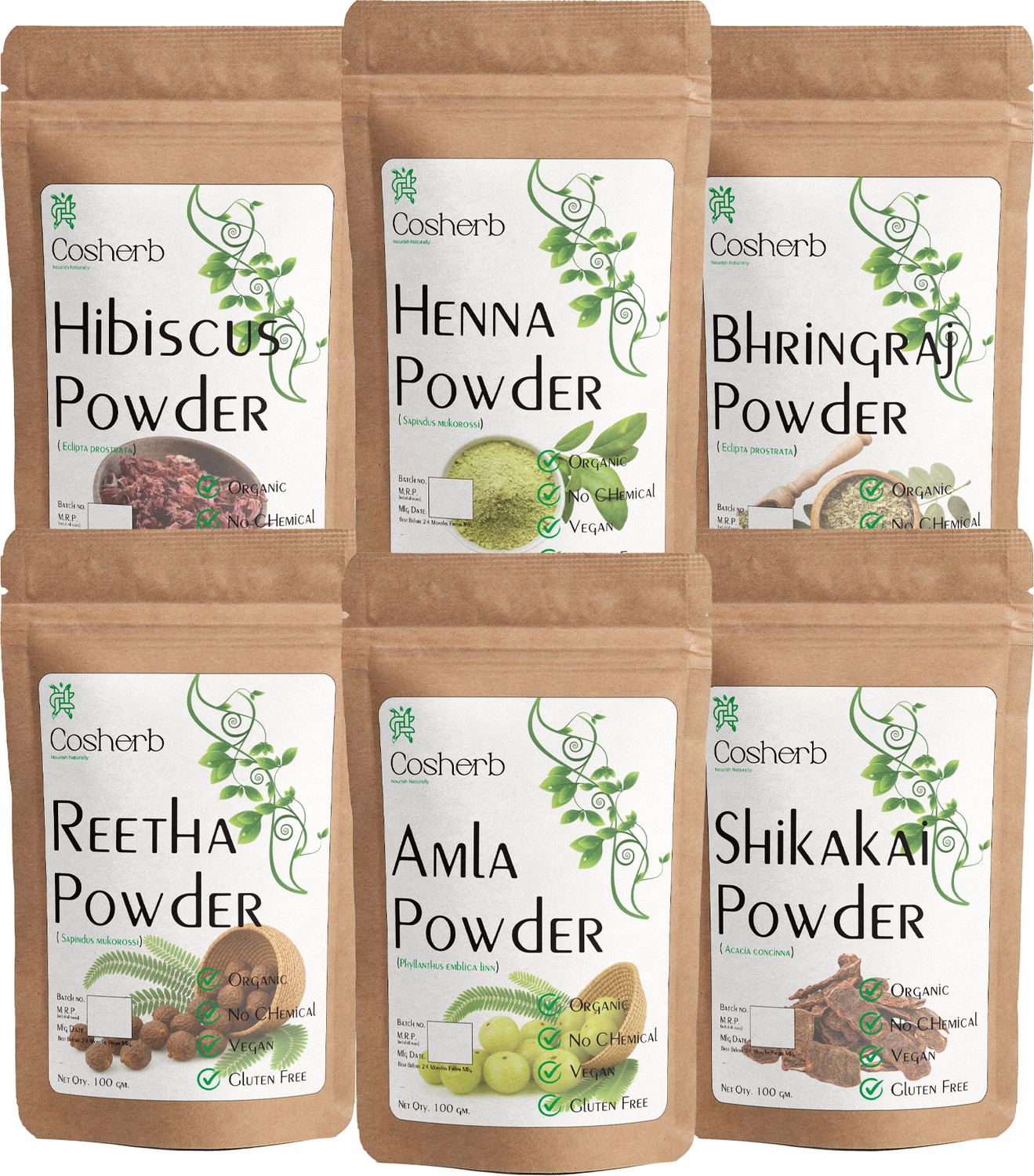 Image of Cosherb Pure Amla Reetha Shikakai Bhringraj Hibiscus & Henna Powder For Hair Pack