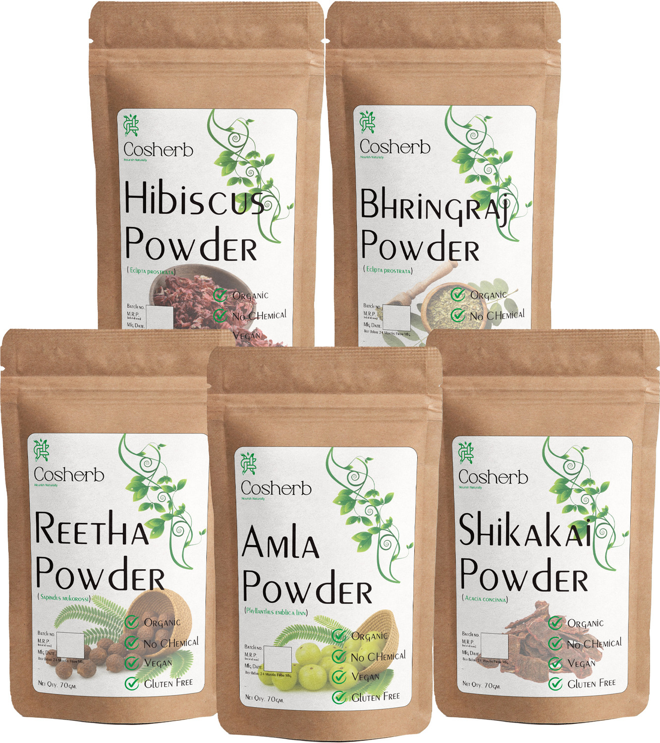 Image of Cosherb Pure Amla Reetha Shikakai Bhringraj & Hibiscus Powder For Hair Pack