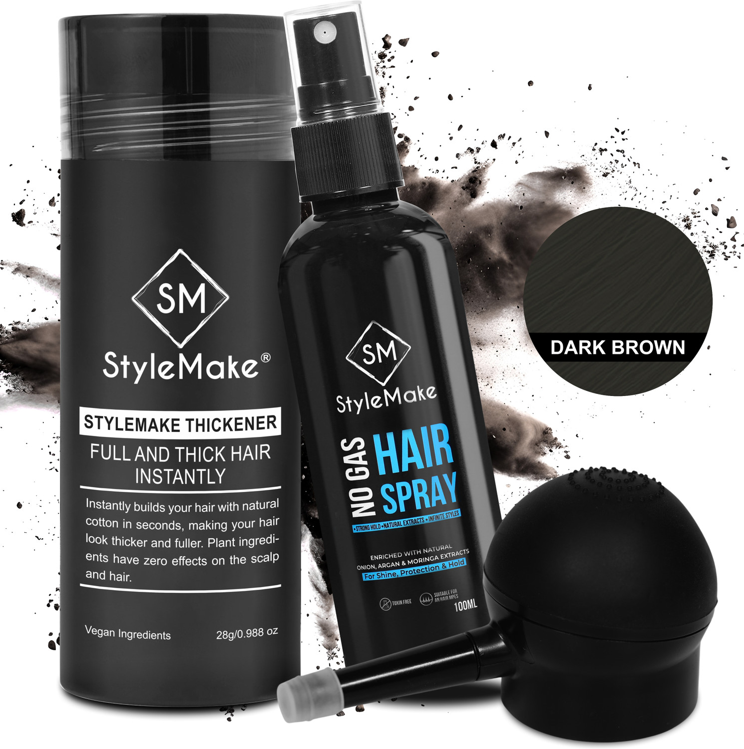 Image of StyleMake Hair Building Fiber + Pump + Lock Spray (Dark Brown 28g + 100 ml + Pump) Trio (128 g)