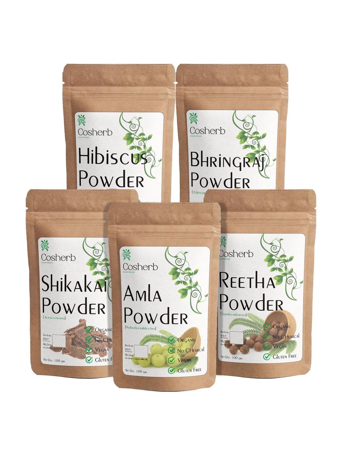 Image of Cosherb Pure Amla Reetha Shikakai Bhringraj & Hibiscus powder for Hair Care