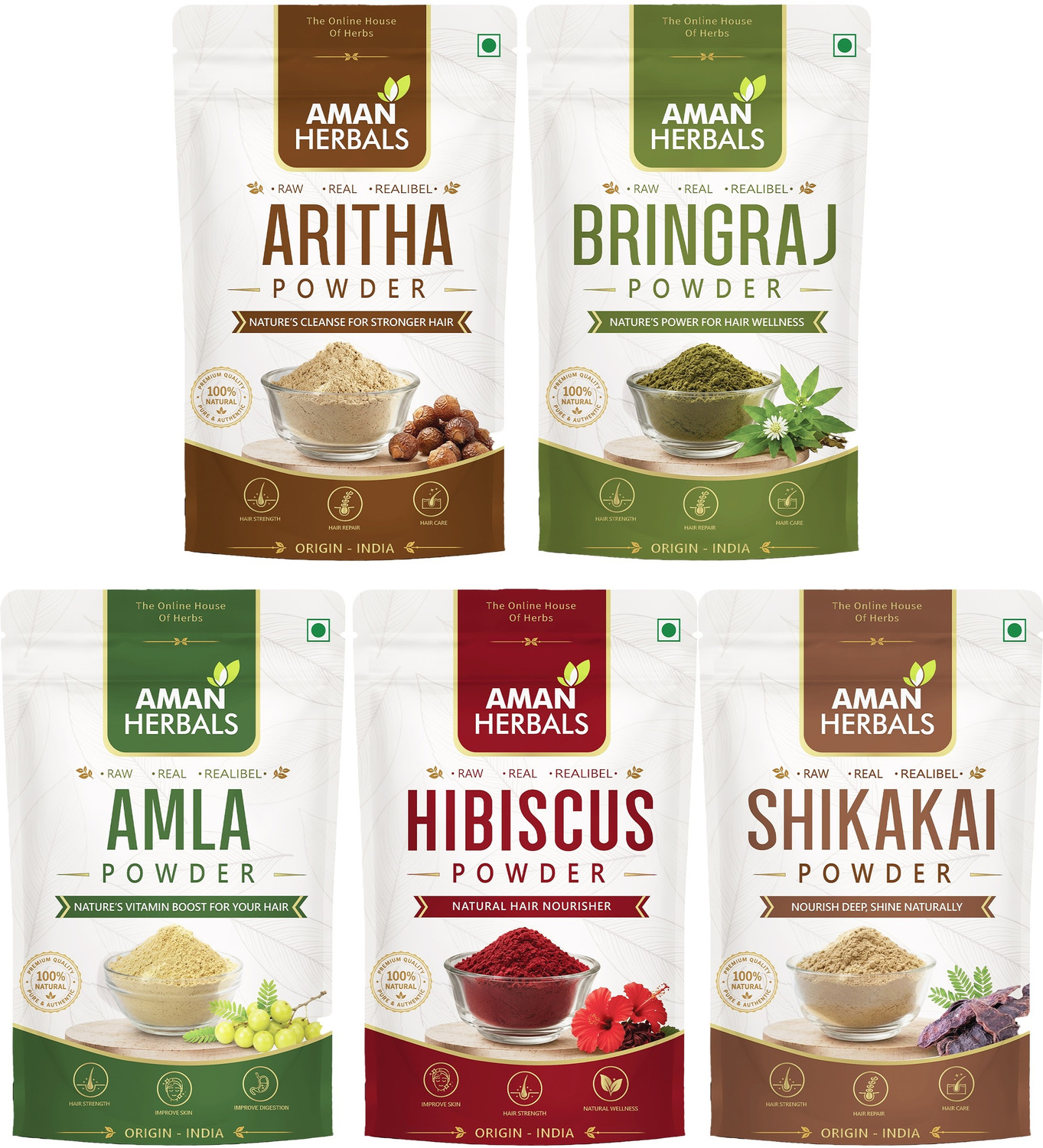 Image of Aman Herbals 5-in-1 Herbal Hair Care Combo Amla Aretha Shikakai Bhringraj Hibiscus Powder