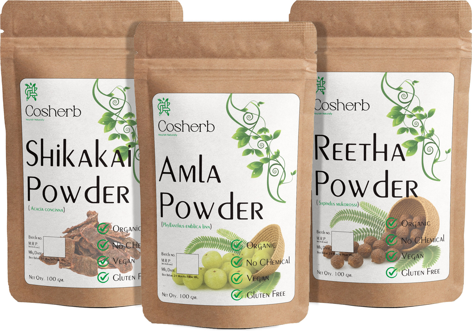 Image of Cosherb Pure Amla Reetha Shikakai Powder for Hair Care