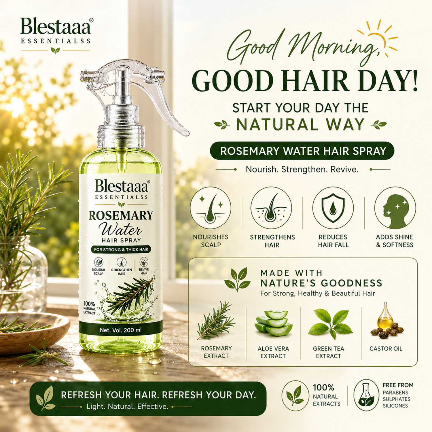 Image of blestaaa essentialss Rosemary Hair Spray for Stronger Roots, Healthy Scalp and Hair Growth Care