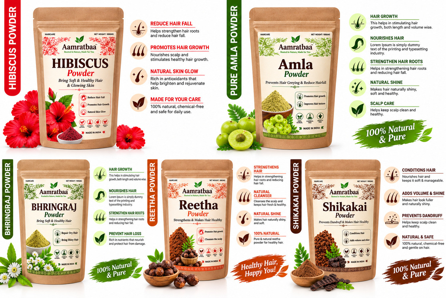Image of amratbaa enterprise Amla, Reetha, Shikakai, Hibiscus And Bhringraj Powder for Hair Growth (250 g)