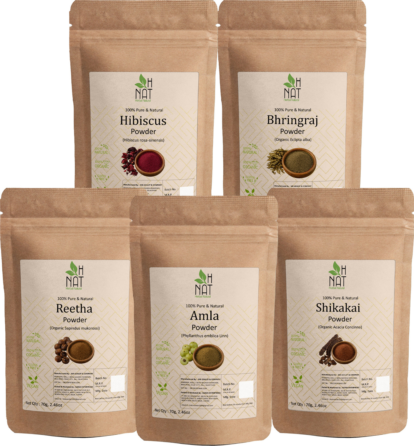 Image of H NAT Pure Amla Reetha Shikakai Bhringraj and Hibiscus powder for Hair Pack