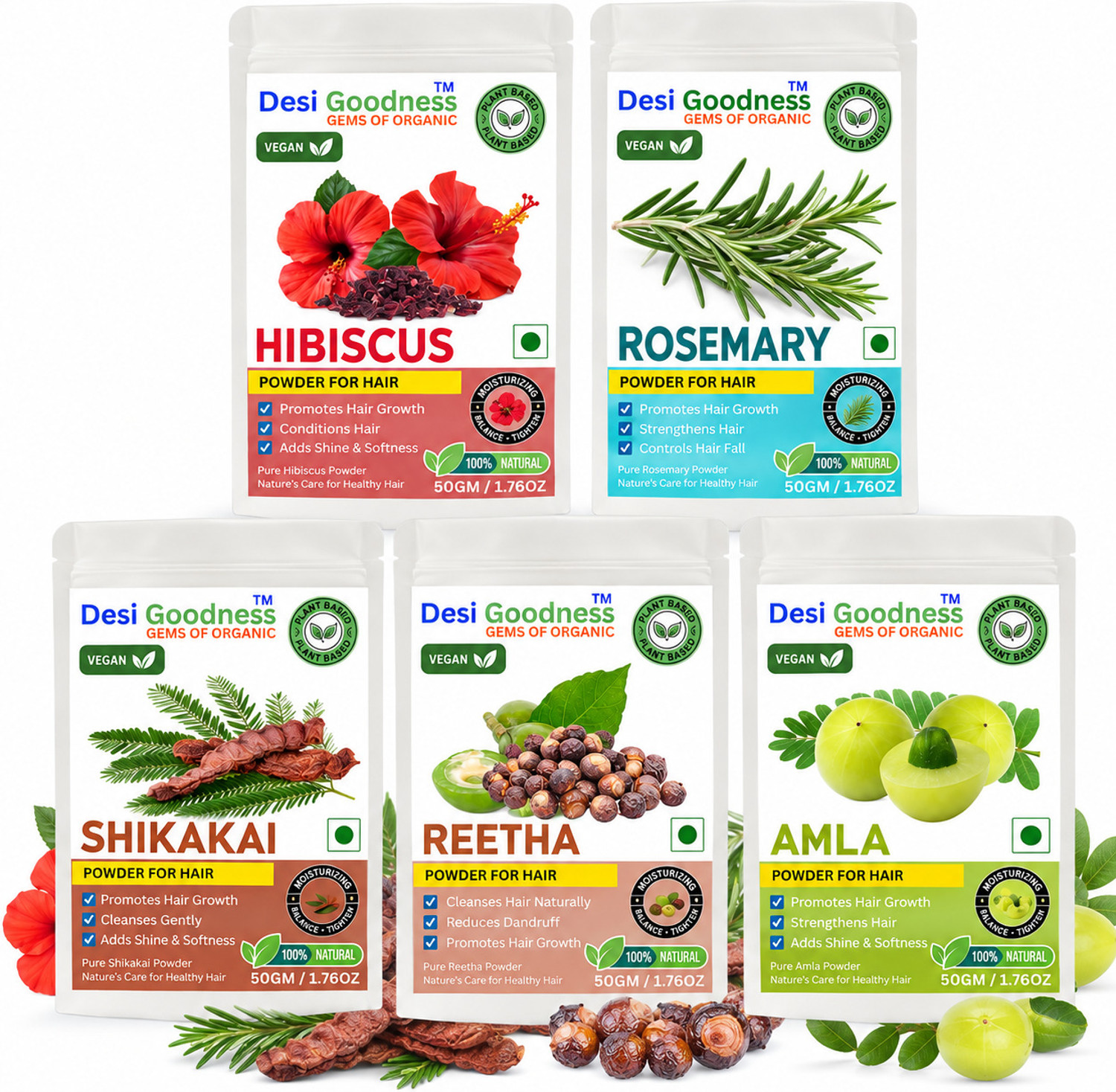 Image of Desi Goodness Rosemary Hibiscus Amla Reetha Shikakai Hair Growth Powder Pack (50g x5) (250 g)
