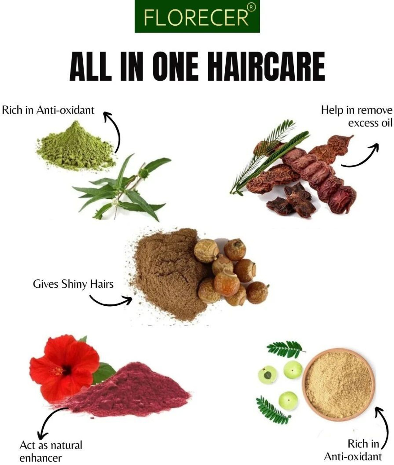 Image of FLORECER Amla,Reetha,Shikakai,Bhringraj and Hibiscus Powder for Hair (Each 50 Gram)