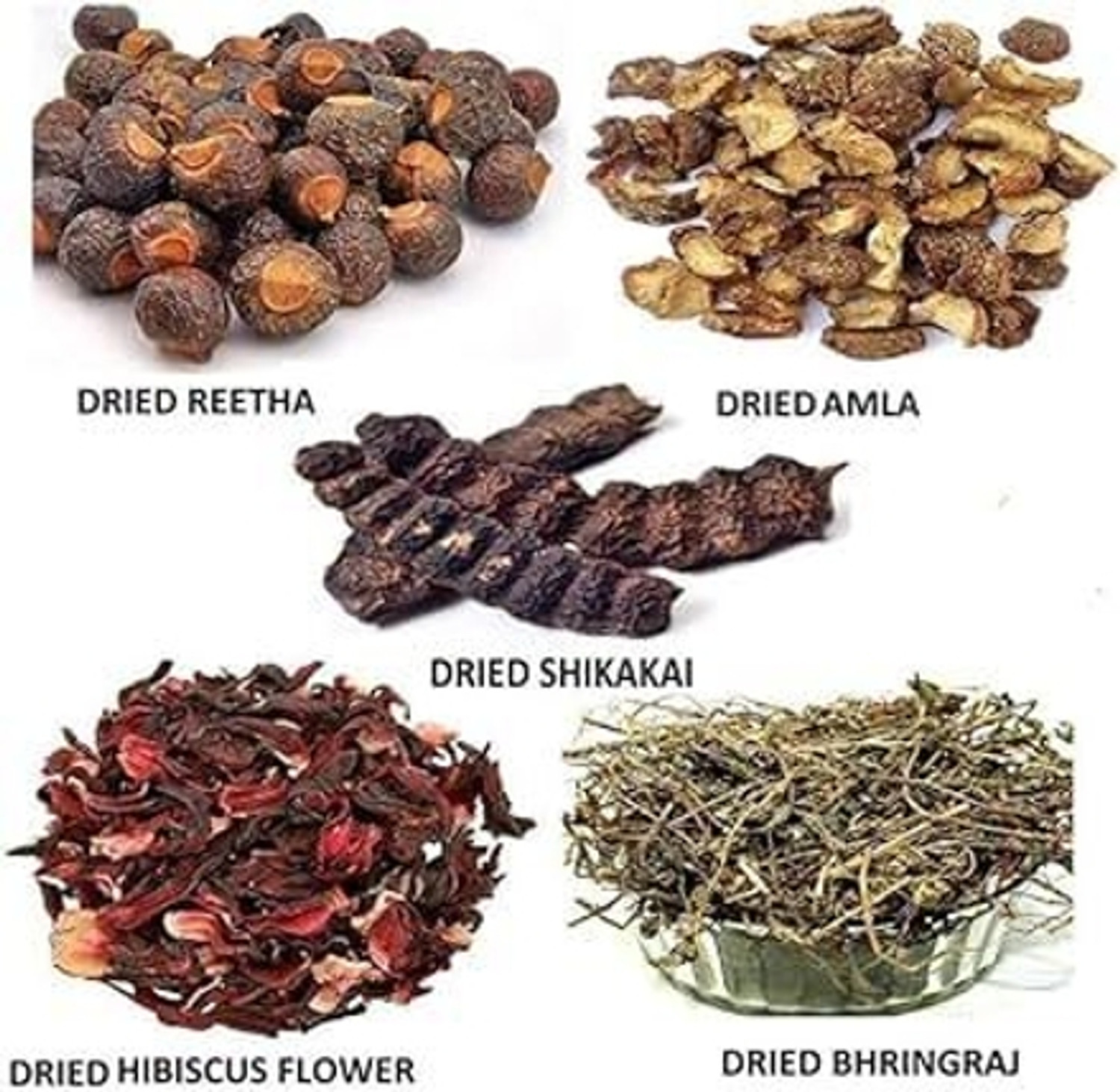 Image of Rideena Natural Dry Amla Raw Reetha Raw Shikakai Raw Bhrinjraj Raw Hibiscus Raw