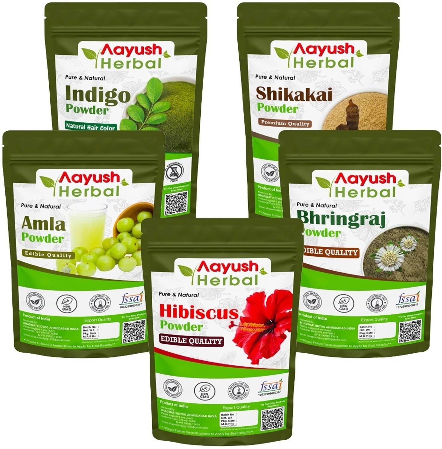 Aayush Herbal HIBISCUS/INDIGO/AMLA/SHIKAKAI/BHRINGRAJ POWDER FOR HAIR TREATMENT/ GROWTH COMBO PACK 5(100g EACH)