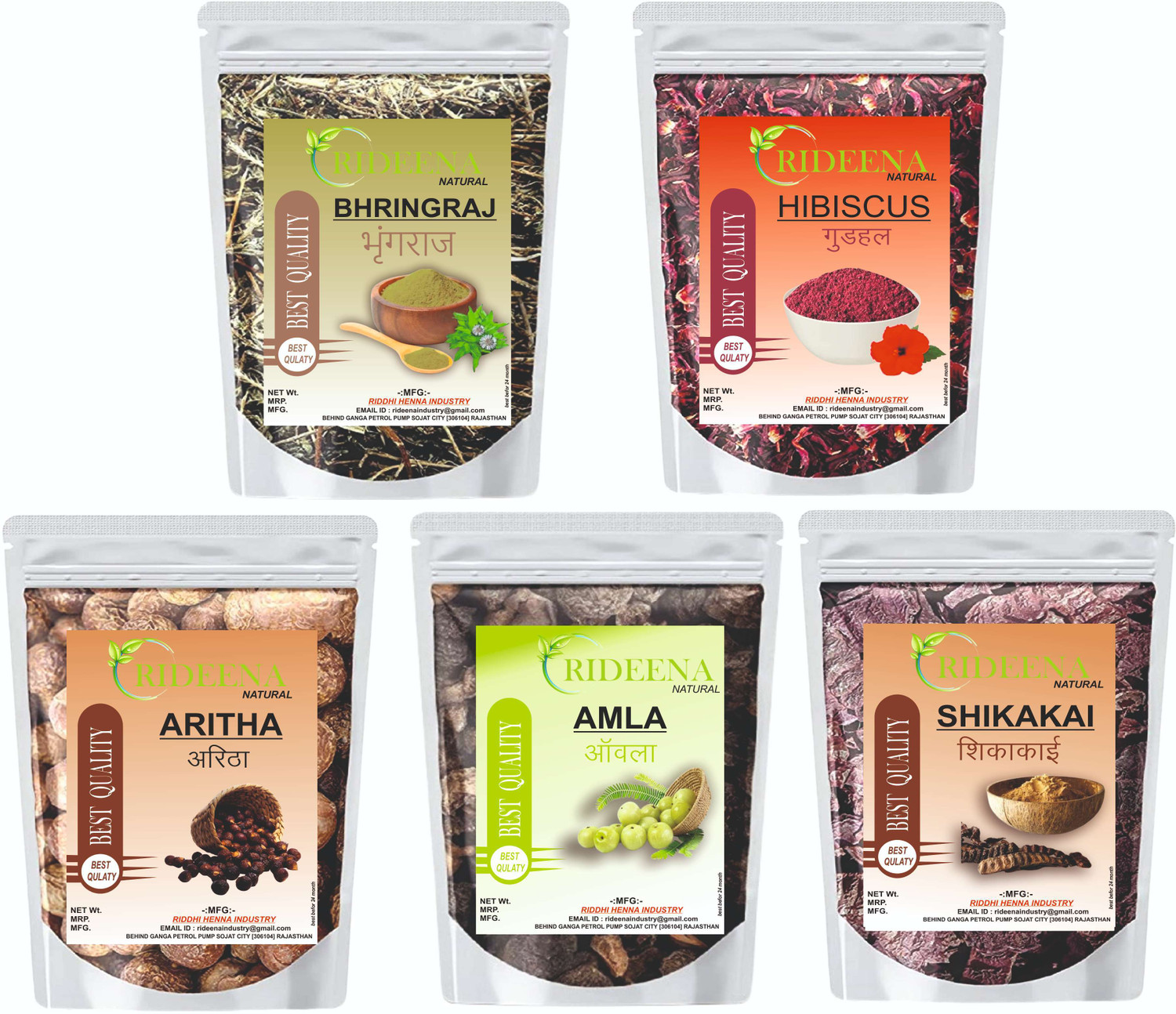 Image of Rideena Natural Dry Amla Raw Reetha Raw Shikakai Raw Bhrinjraj Raw Hibiscus Raw